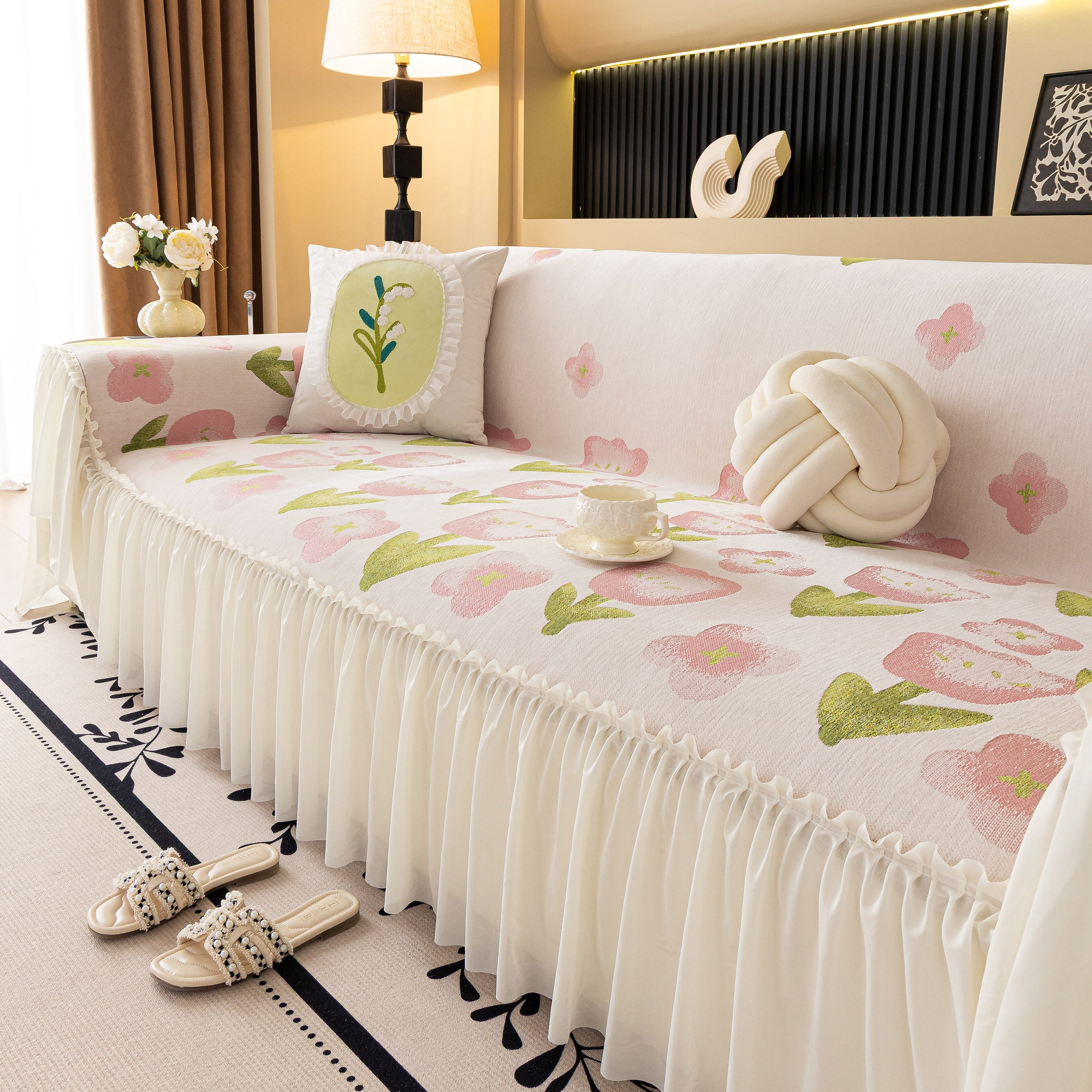 Ruffled Sweet Floral Sofa Cover With Skirt, Soft And Decorative Couch Throw Cover