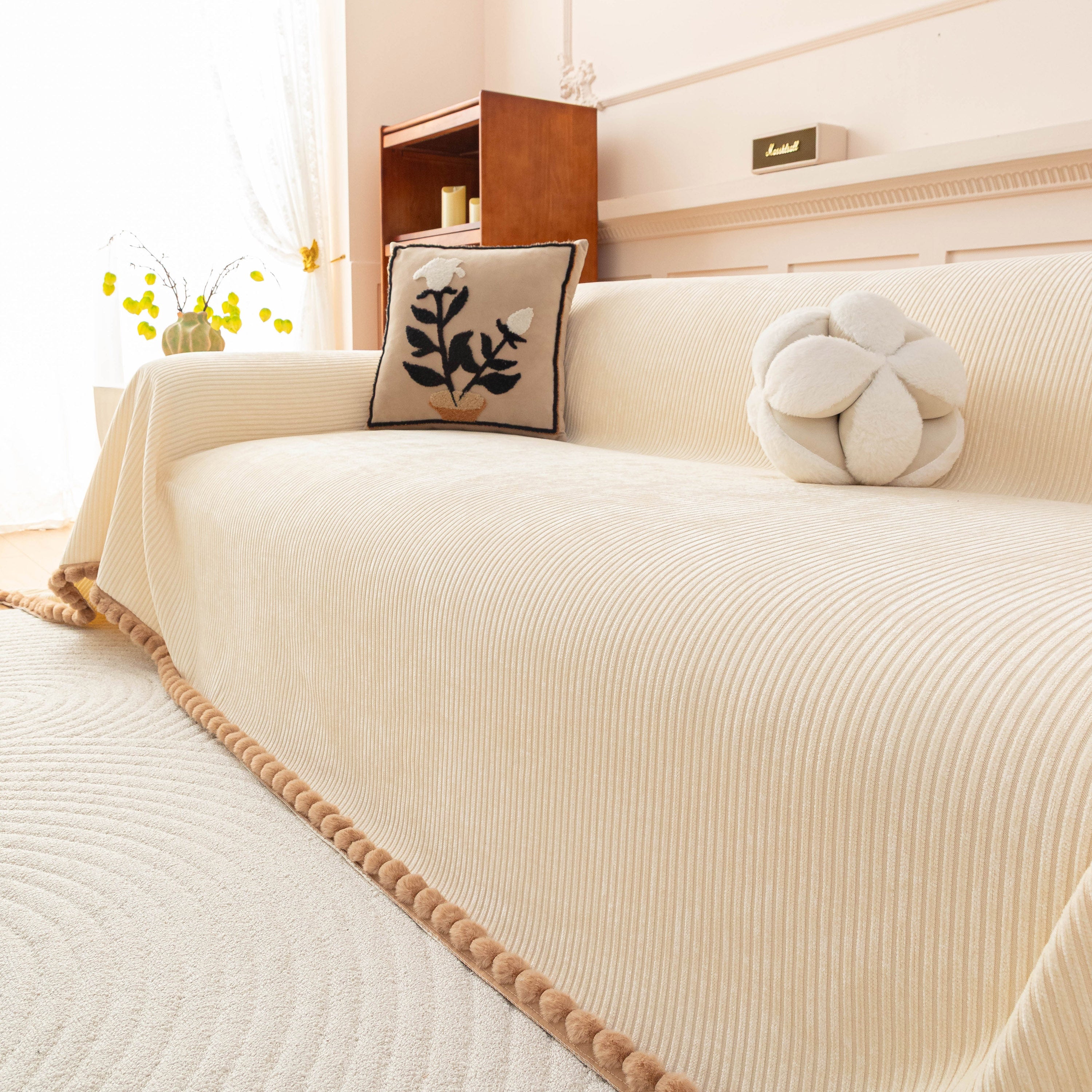 Textured Striped Cozy Couch Cover Throw Blanket With Pom Pom Trim For Sectional Sofa