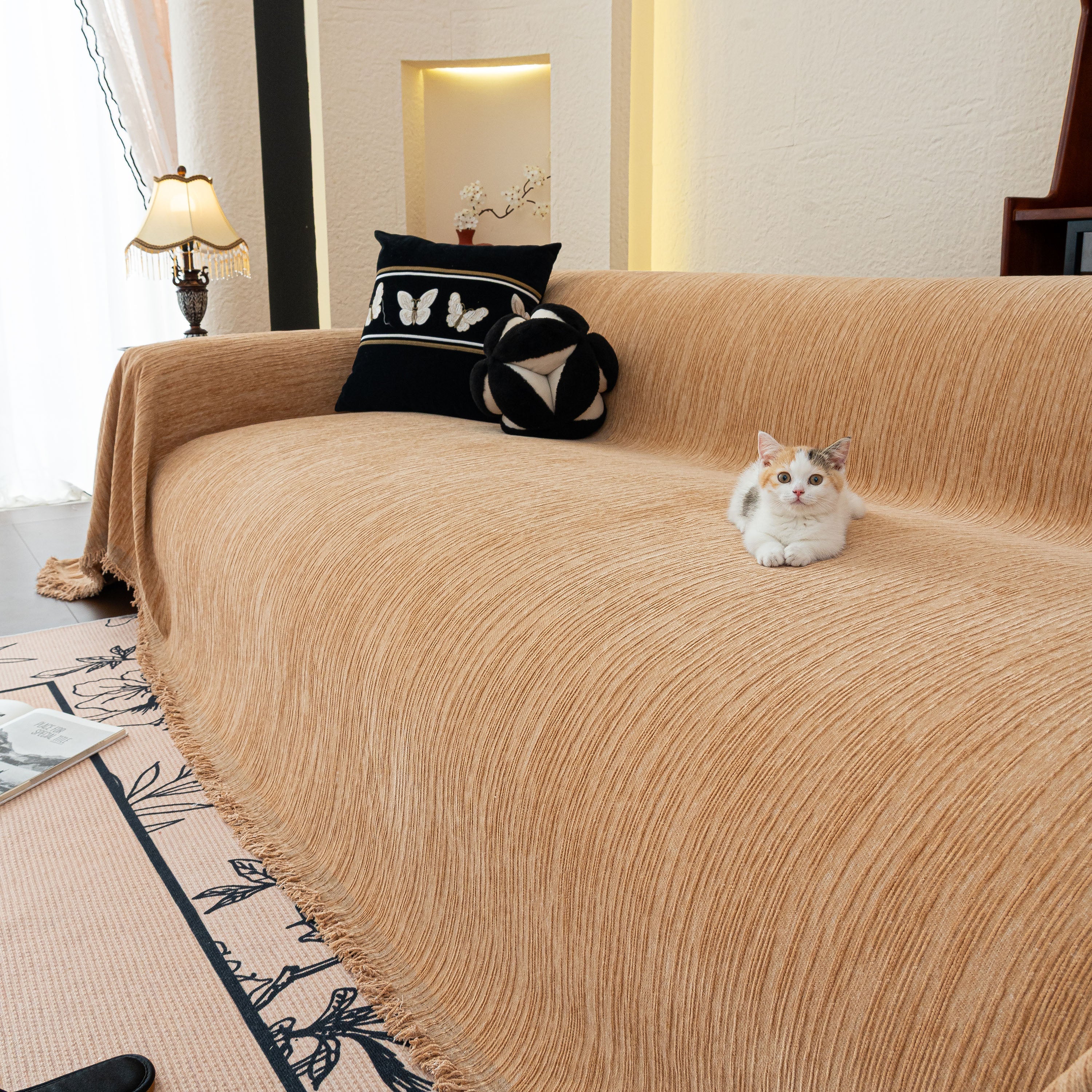 Washable Textured Sofa Cover Throw For Pets, Dogs Furniture Protector With Tassels
