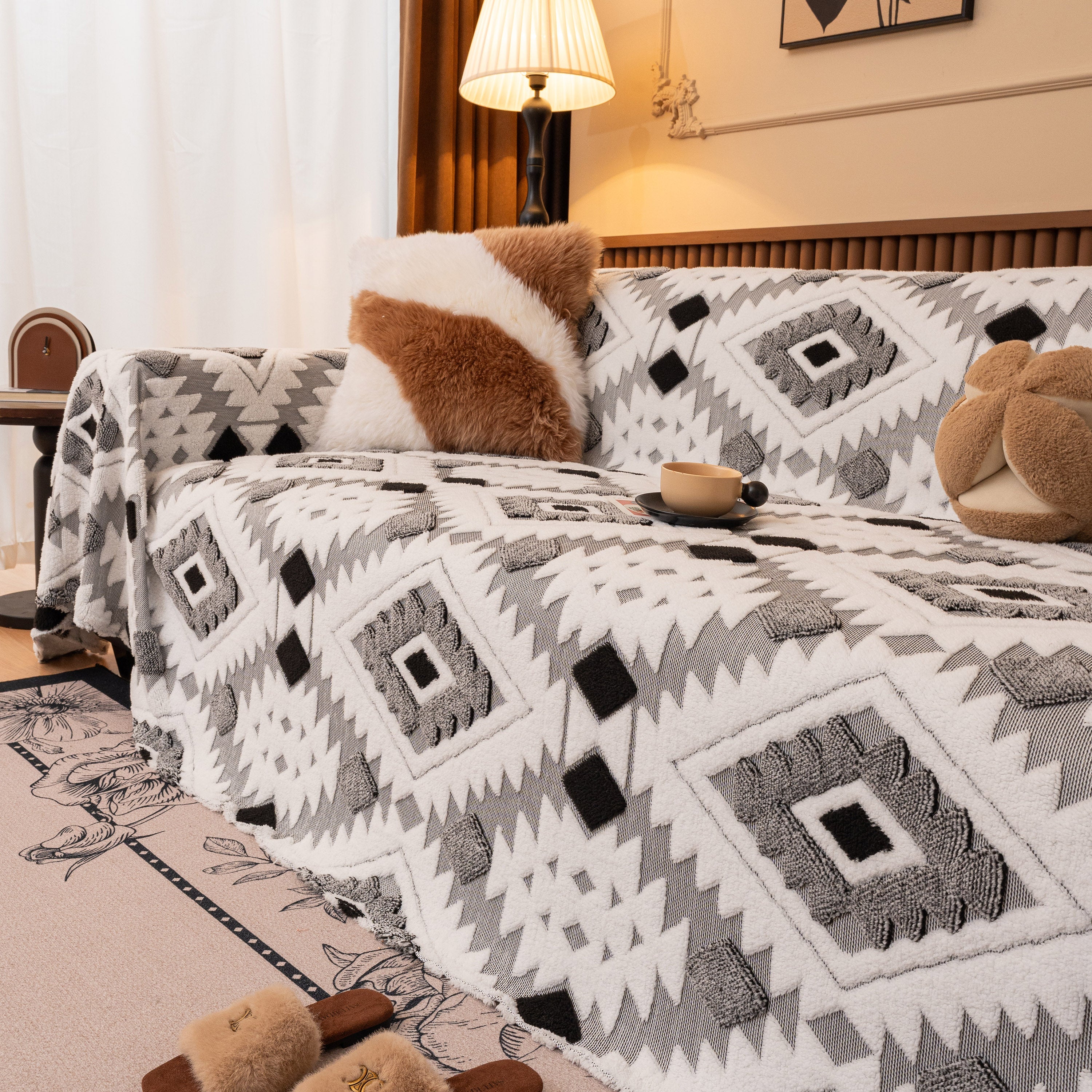 Bohemian Tufted Sofa Cover, Soft Sherpa Fleece Throw Blanket With 3d Aztec Geometric