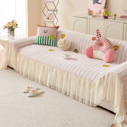 Cute Dotted Stripe Couch Protector, Non-slip Washable Sofa Cover With Ruffled Skirt