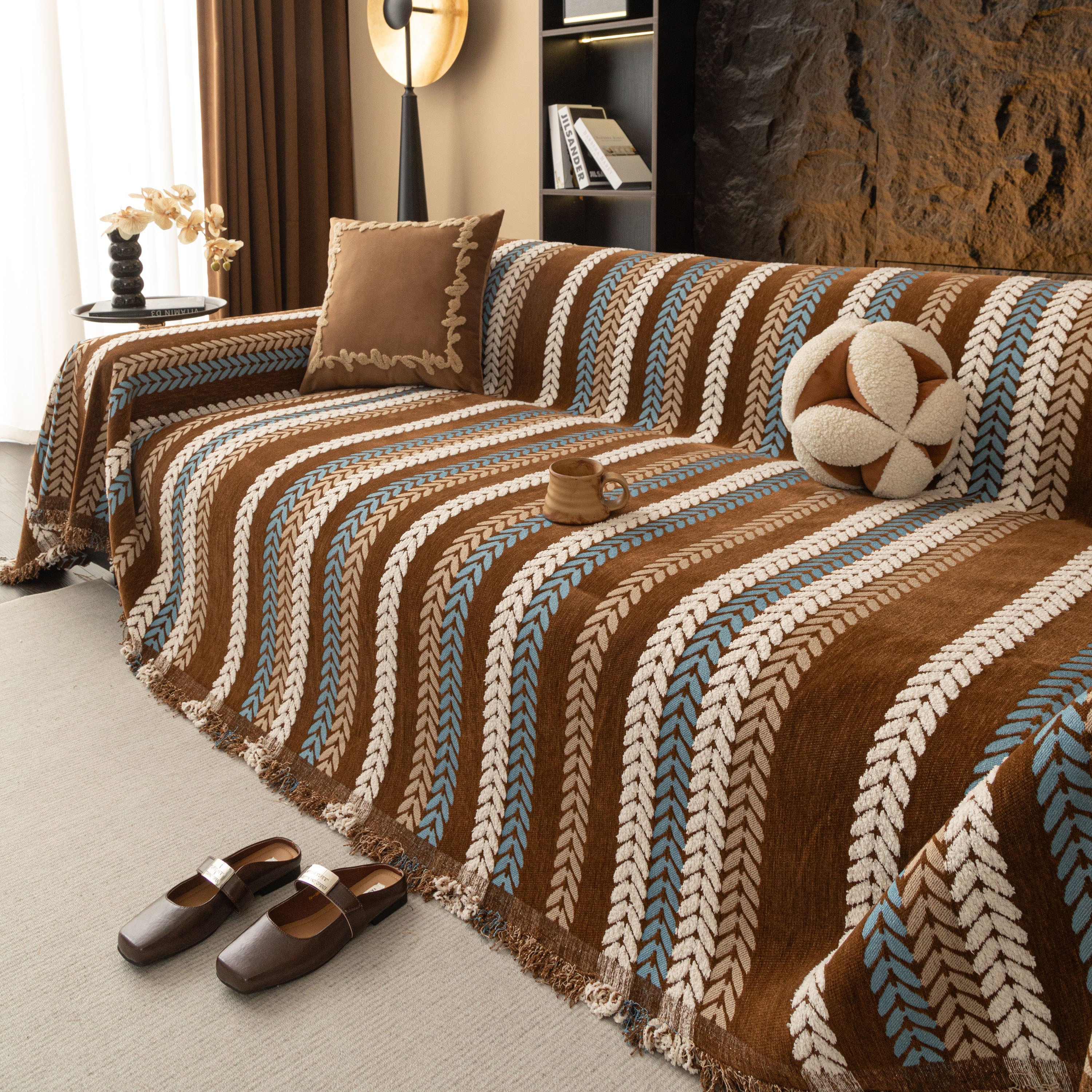 Cozy Decorative Throw Blanket For Couches, Boho Plush Woven Sofa Cover With Stripes