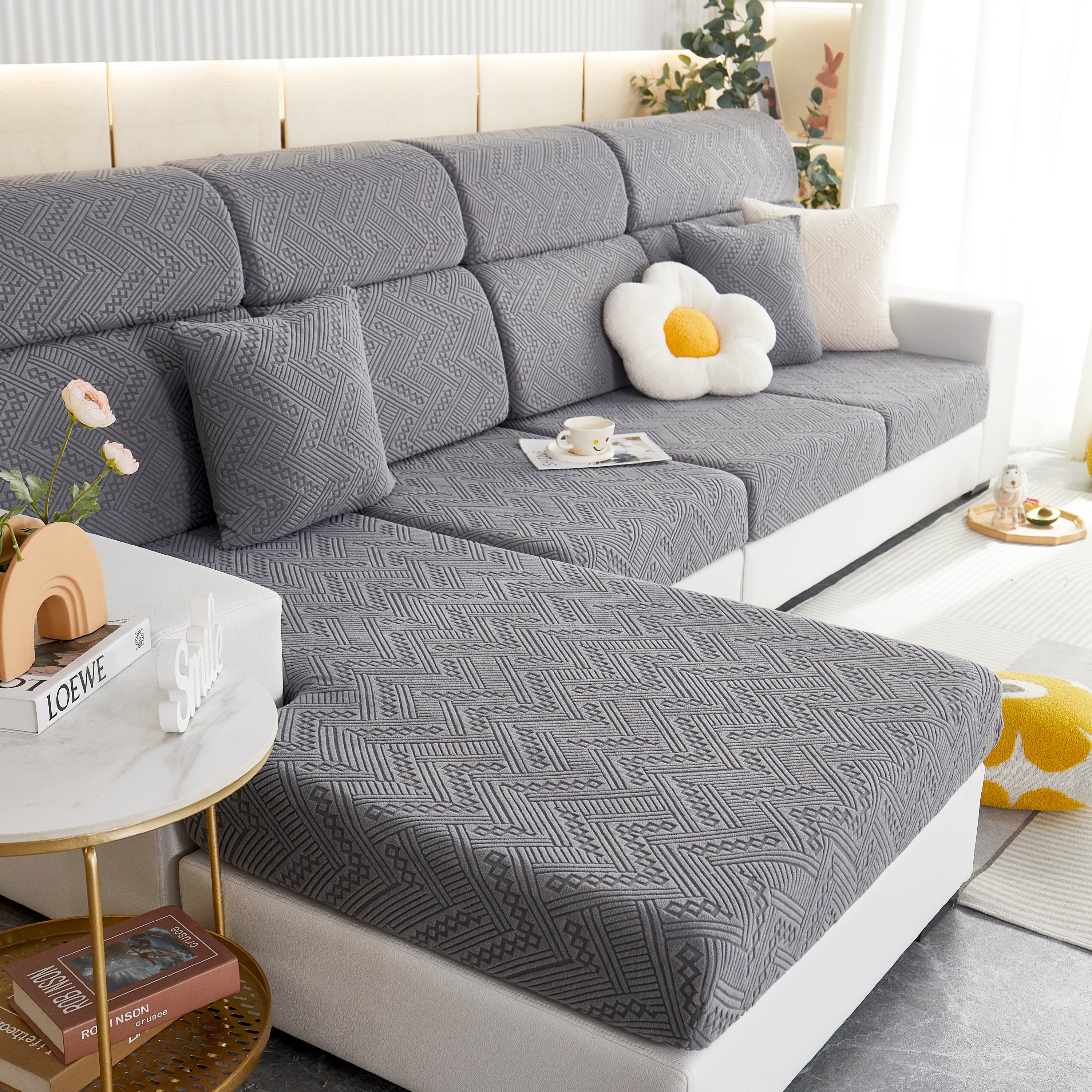Stretch Jacquard Fleece Settee Cushion Covers, Stylish Non Slip Couch Cushion Covers For Sectional Sofas