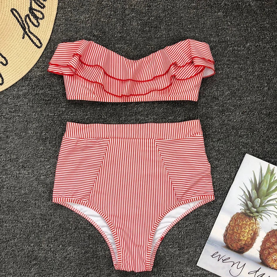 Vintage Striped Ruffled Two Piece Swimsuit