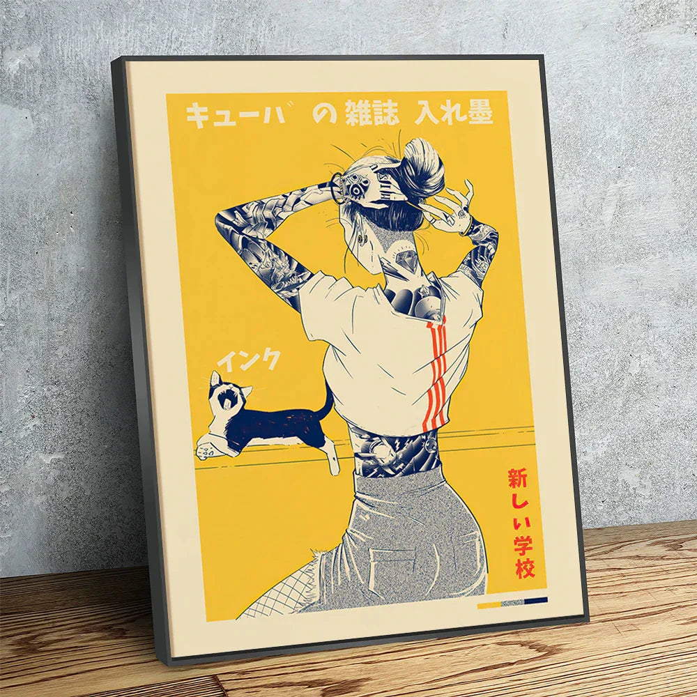 Japanese Cat Poster Vintage Canvas Print For Retro Wall Art In Modern Home