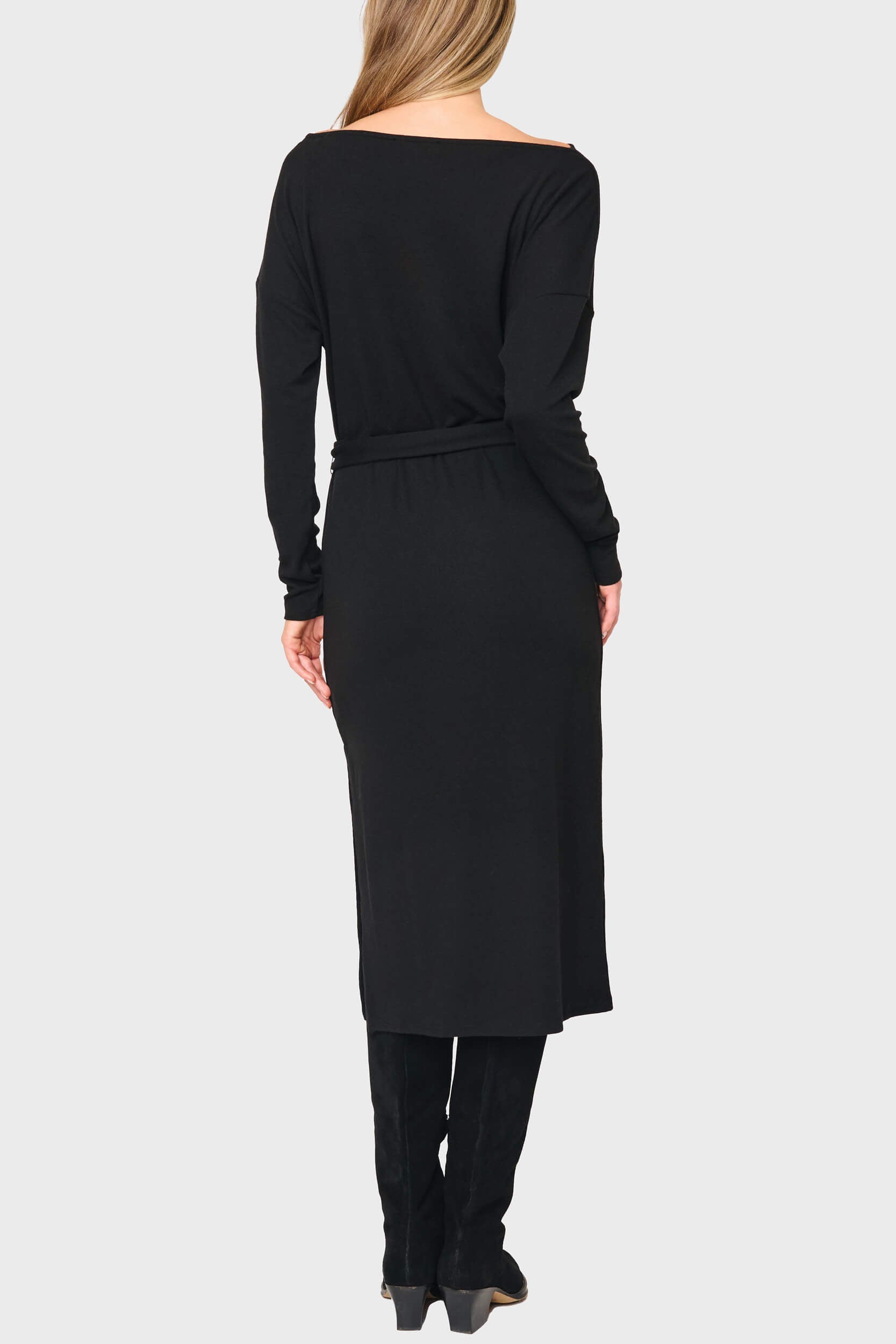 Open Neck Belted Soft Luxe Midi Sweater Dress