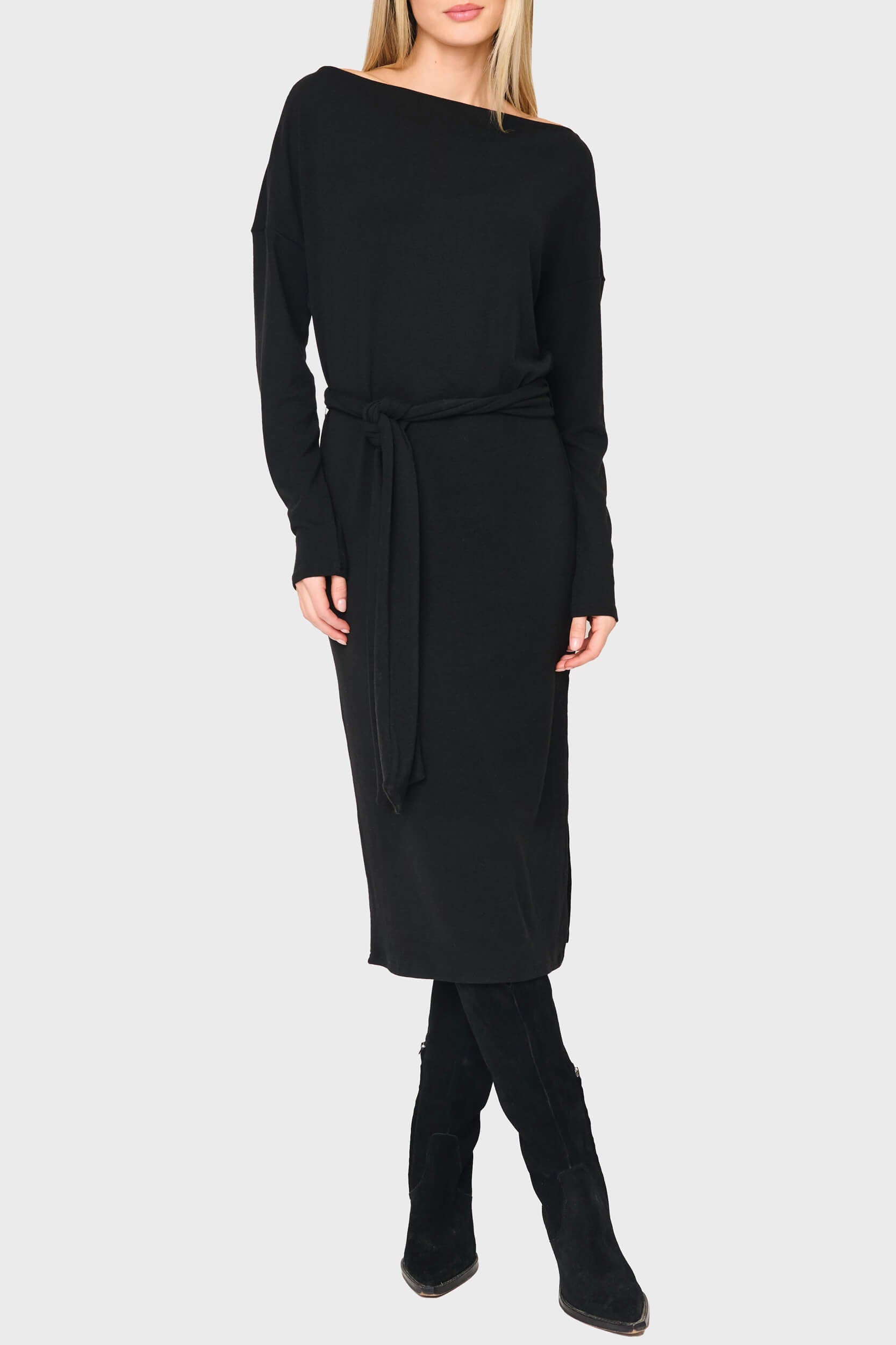 Open Neck Belted Soft Luxe Midi Sweater Dress