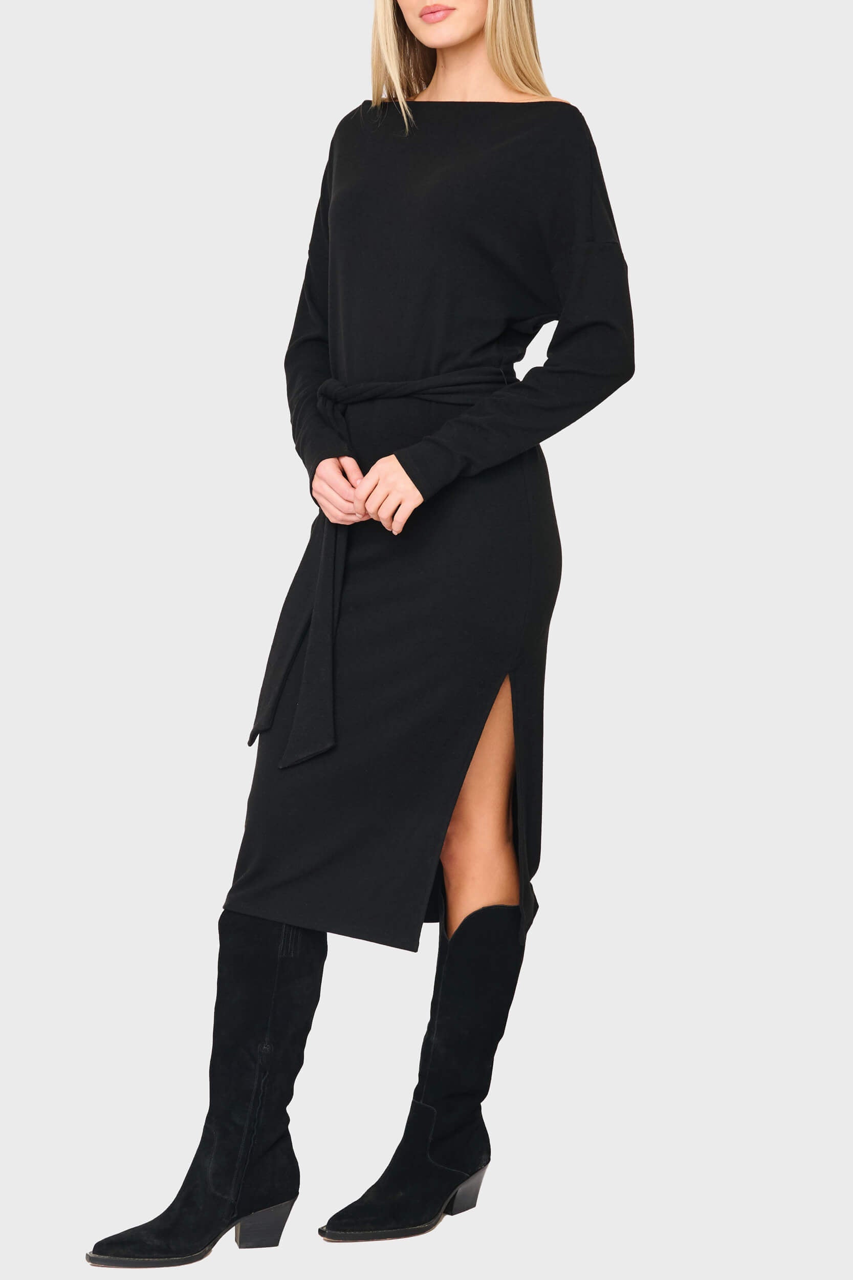 Open Neck Belted Soft Luxe Midi Sweater Dress