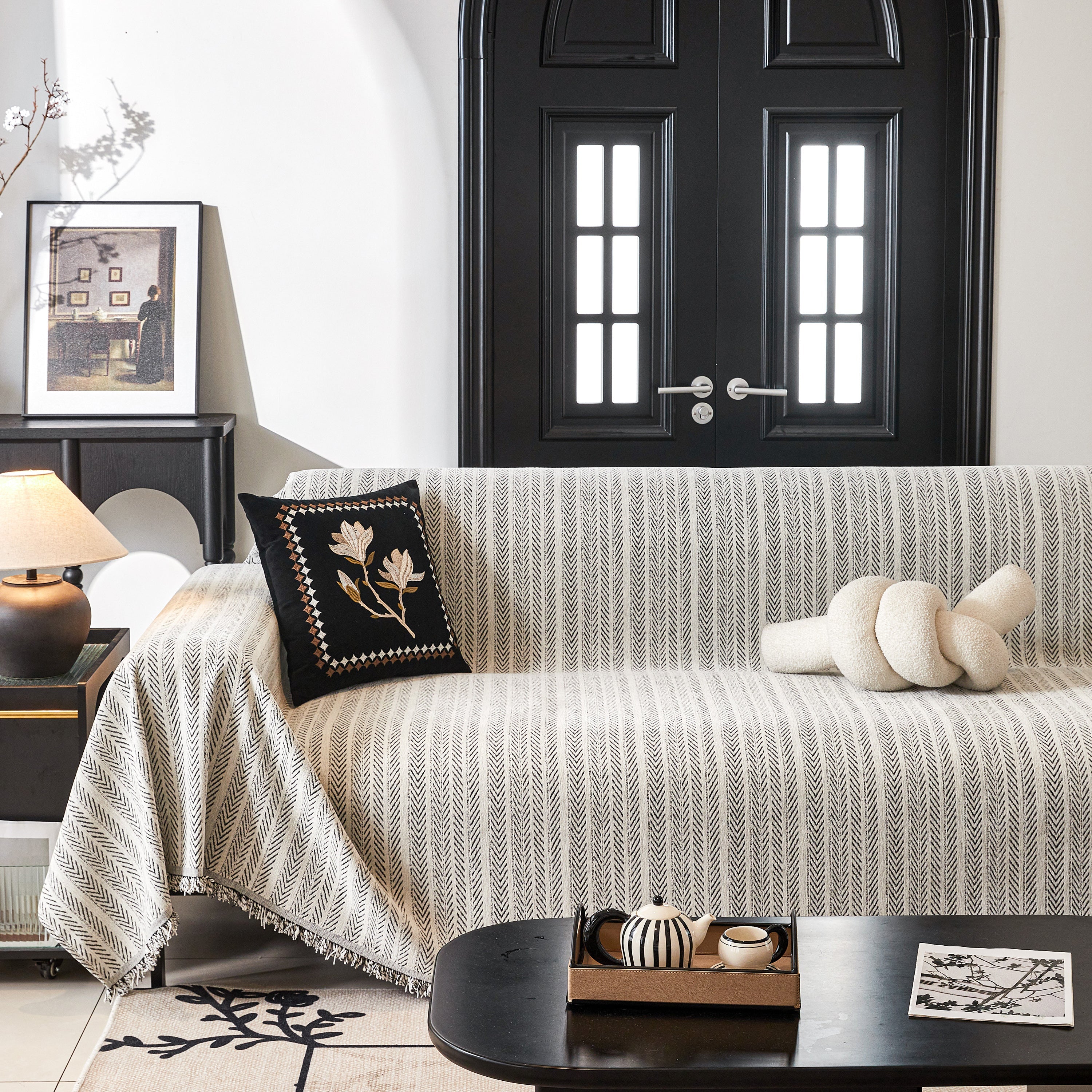 Herringbone Chenille Couch Cover Blanket Soft Durable Throw Sofa Protector With Tassel