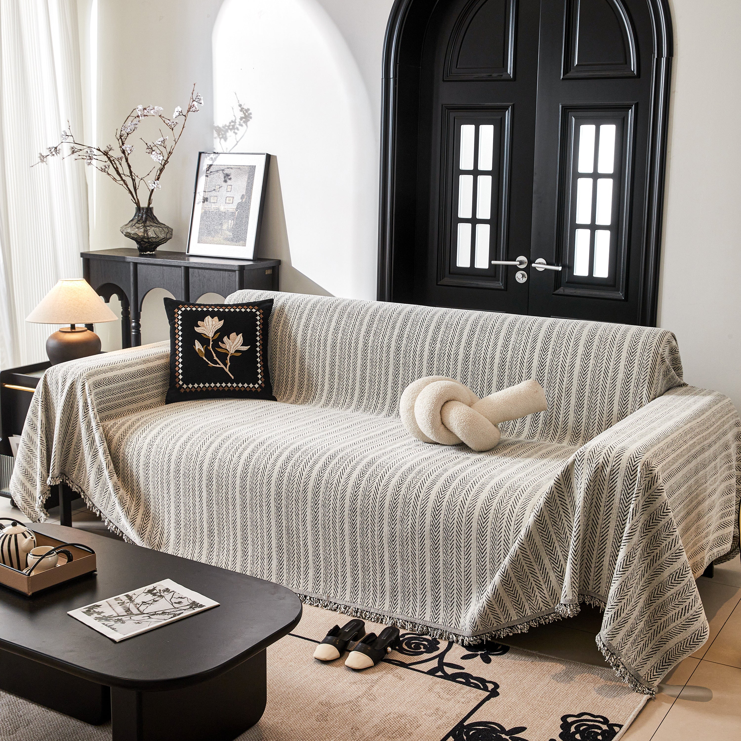 Herringbone Chenille Couch Cover Blanket Soft Durable Throw Sofa Protector With Tassel