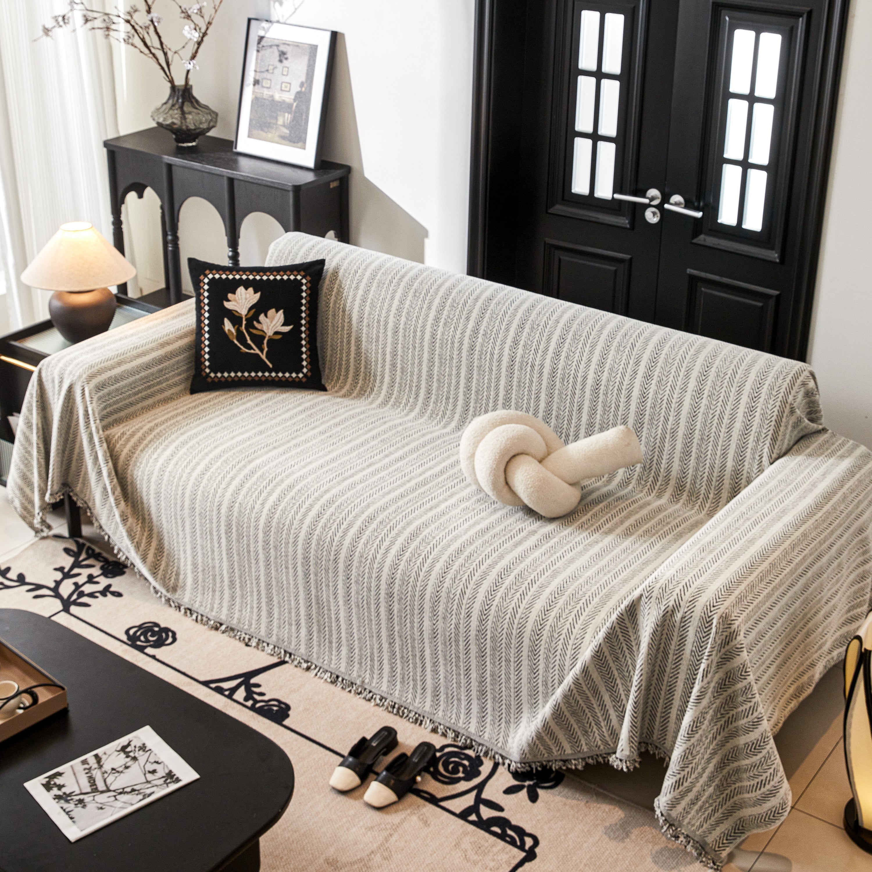 Herringbone Chenille Couch Cover Blanket Soft Durable Throw Sofa Protector With Tassel