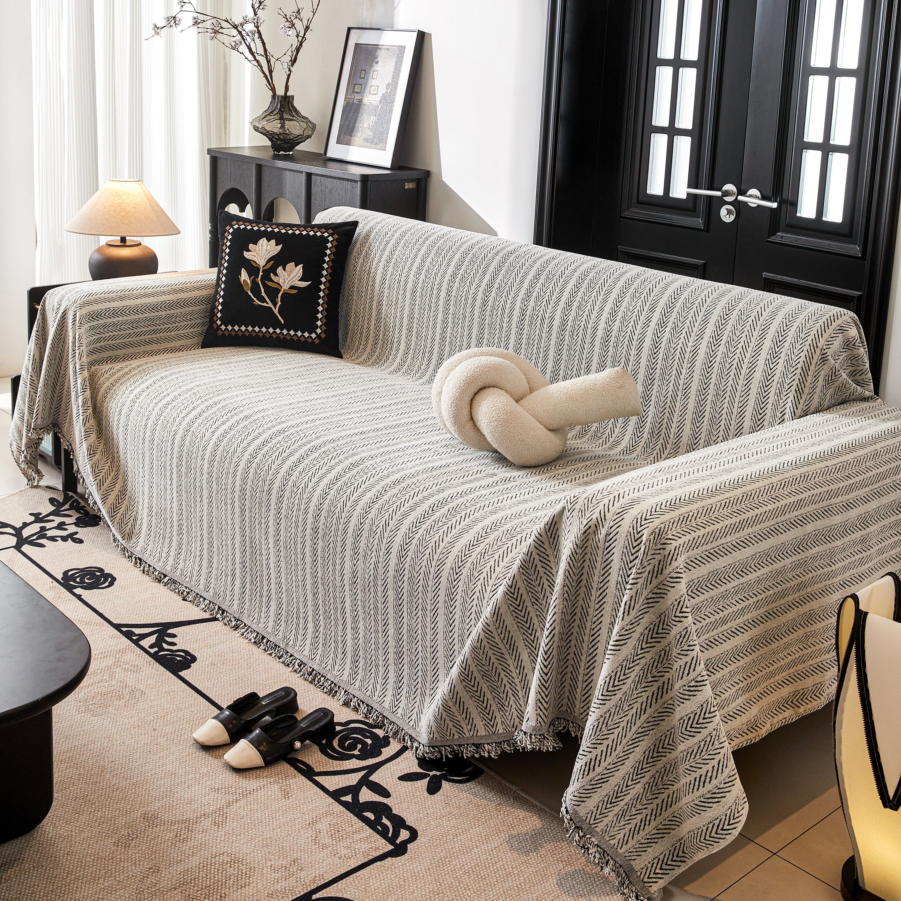 Herringbone Chenille Couch Cover Blanket Soft Durable Throw Sofa Protector With Tassel