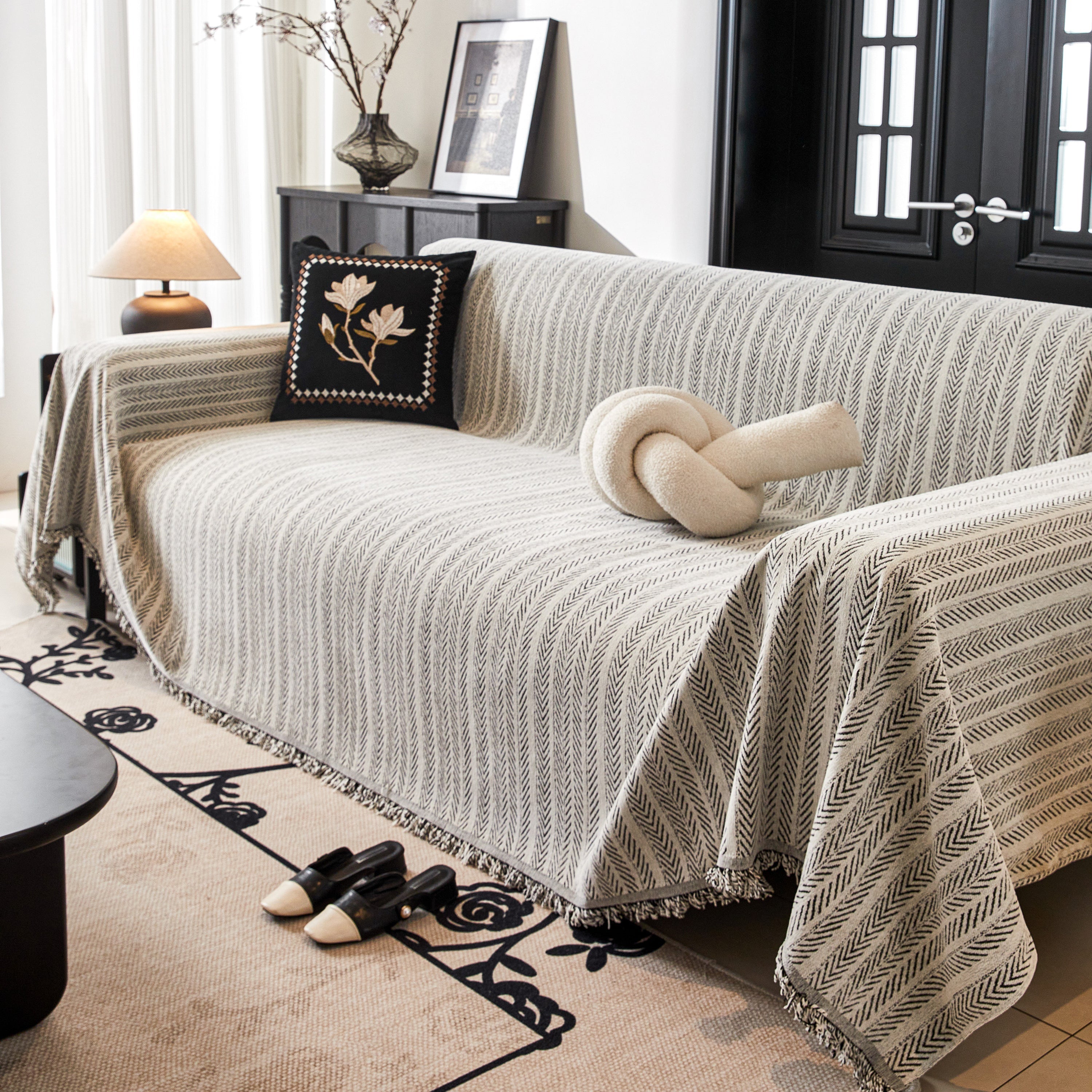 Herringbone Chenille Couch Cover Blanket Soft Durable Throw Sofa Protector With Tassel