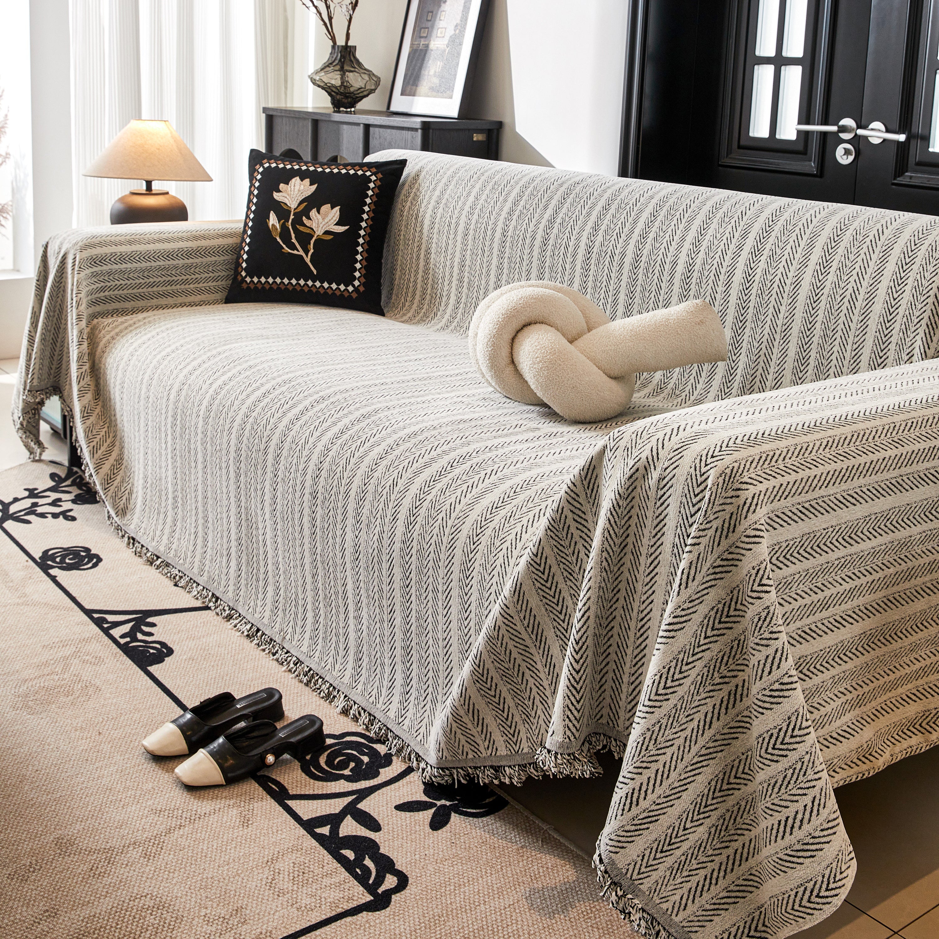 Herringbone Chenille Couch Cover Blanket Soft Durable Throw Sofa Protector With Tassel