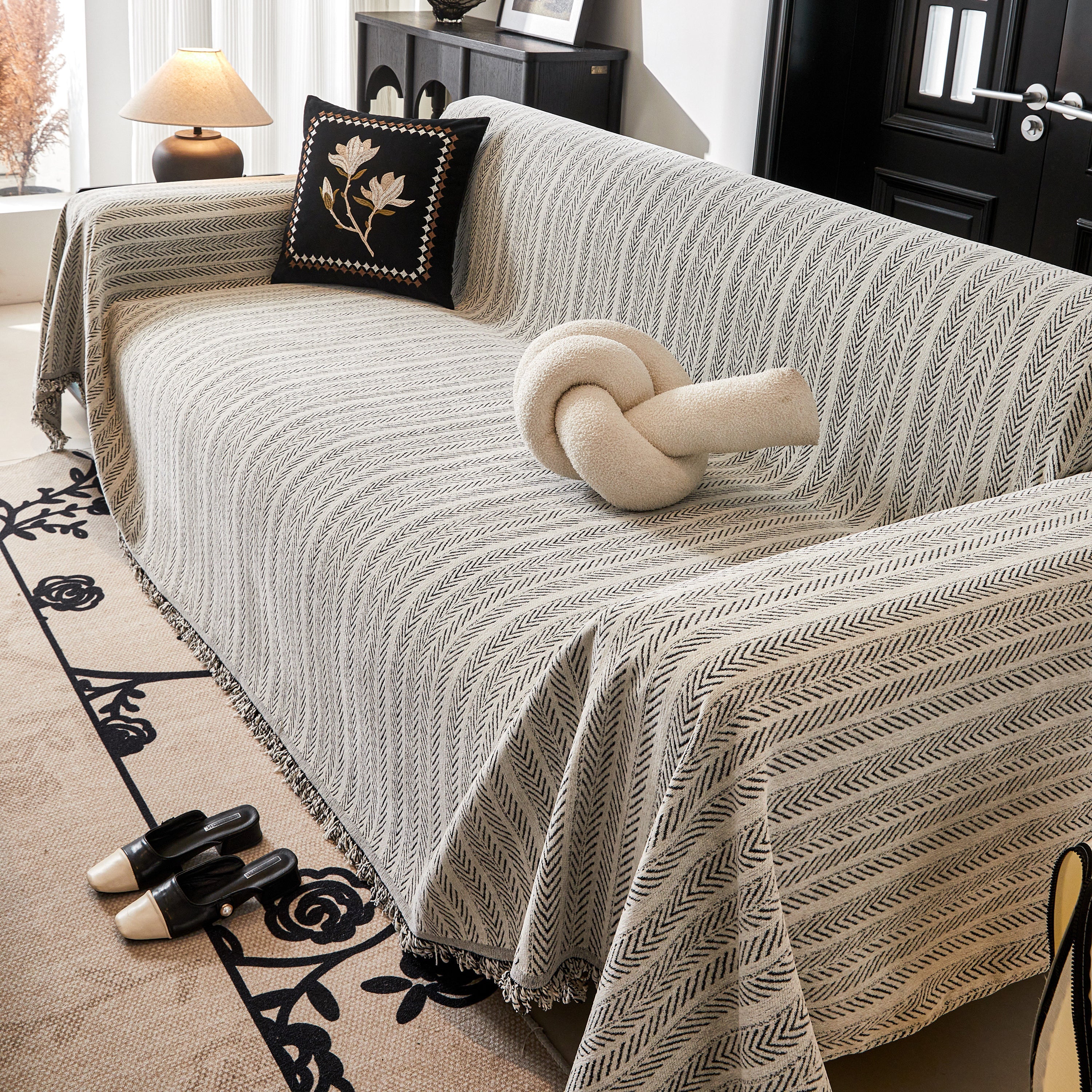 Herringbone Chenille Couch Cover Blanket Soft Durable Throw Sofa Protector With Tassel