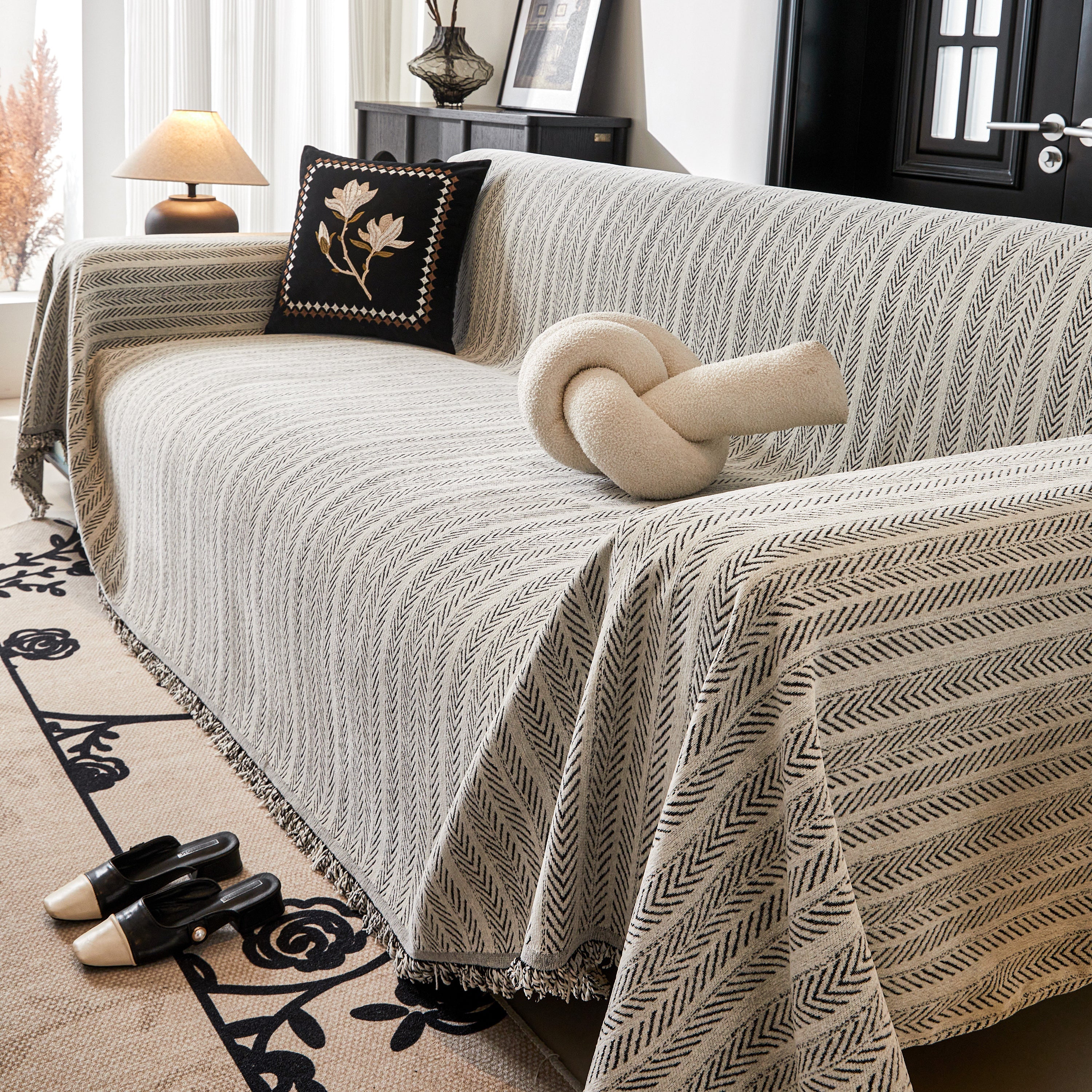 Herringbone Chenille Couch Cover Blanket Soft Durable Throw Sofa Protector With Tassel