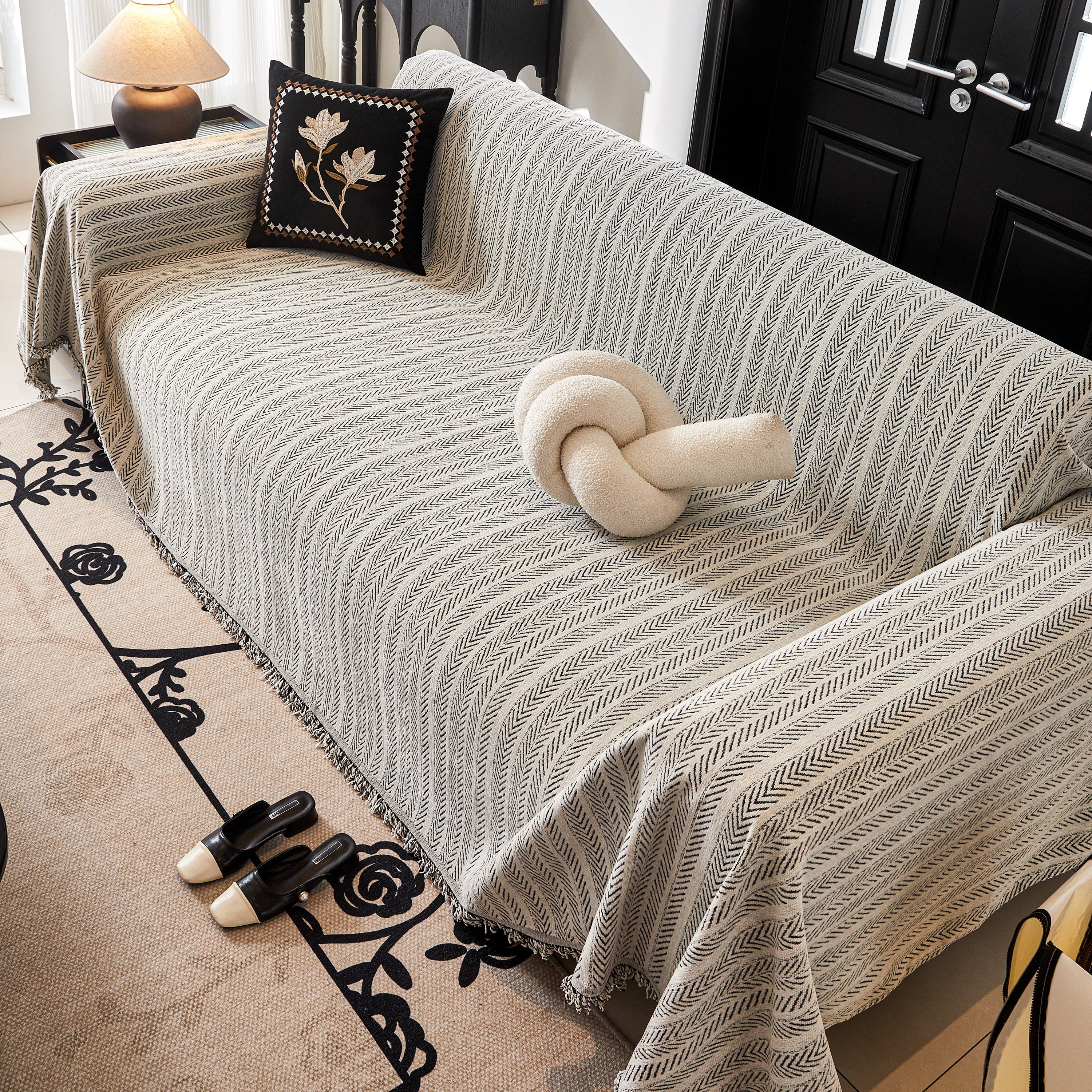 Herringbone Chenille Couch Cover Blanket Soft Durable Throw Sofa Protector With Tassel