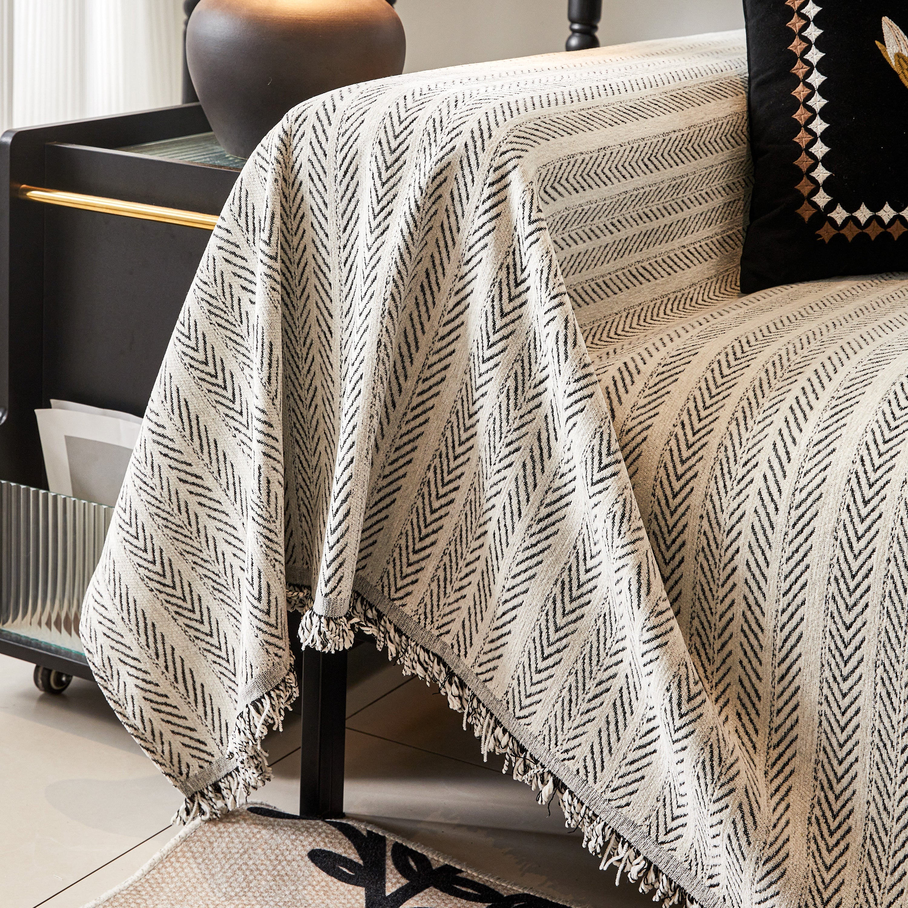 Herringbone Chenille Couch Cover Blanket Soft Durable Throw Sofa Protector With Tassel