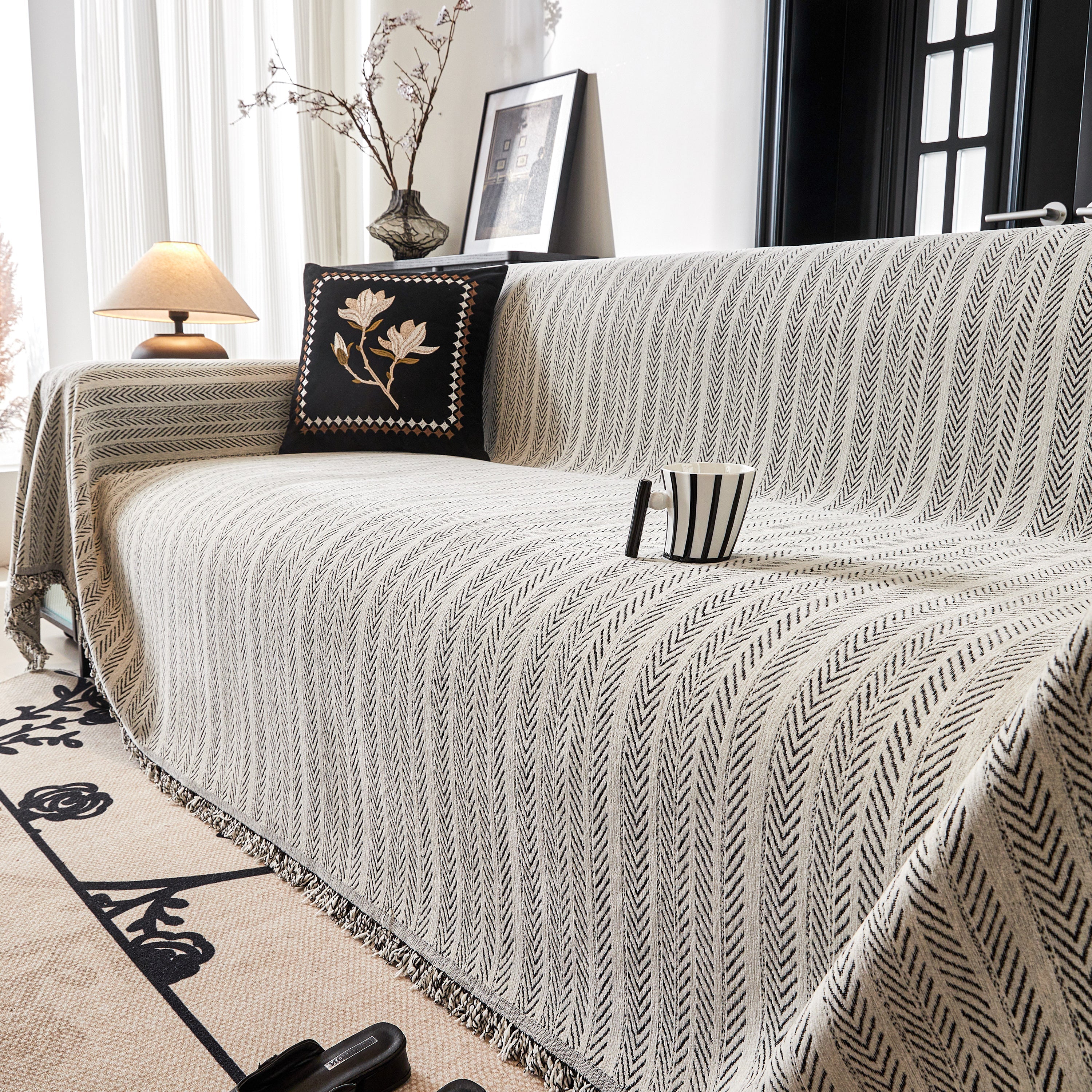 Herringbone Chenille Couch Cover Blanket Soft Durable Throw Sofa Protector With Tassel