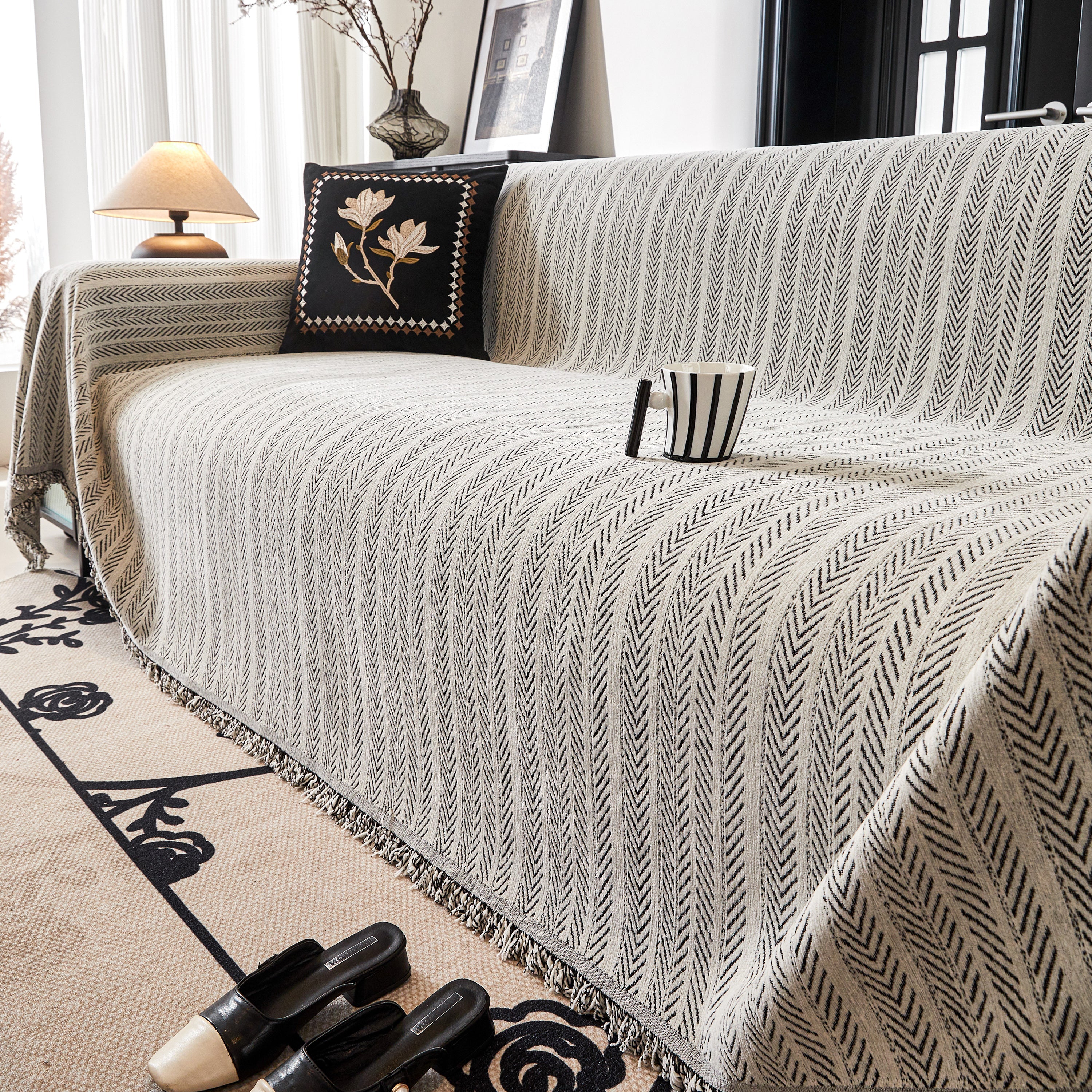 Herringbone Chenille Couch Cover Blanket Soft Durable Throw Sofa Protector With Tassel