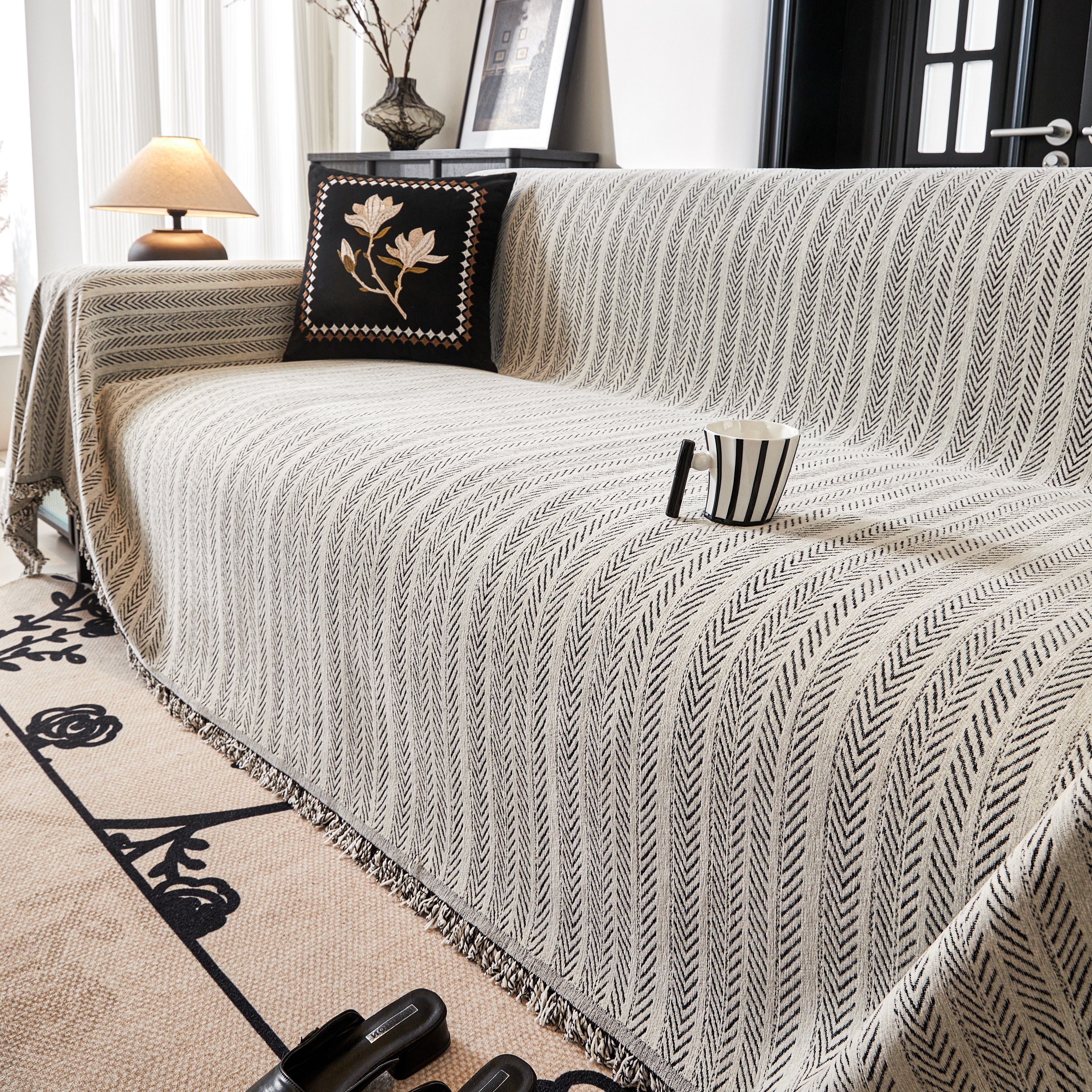 Herringbone Chenille Couch Cover Blanket Soft Durable Throw Sofa Protector With Tassel