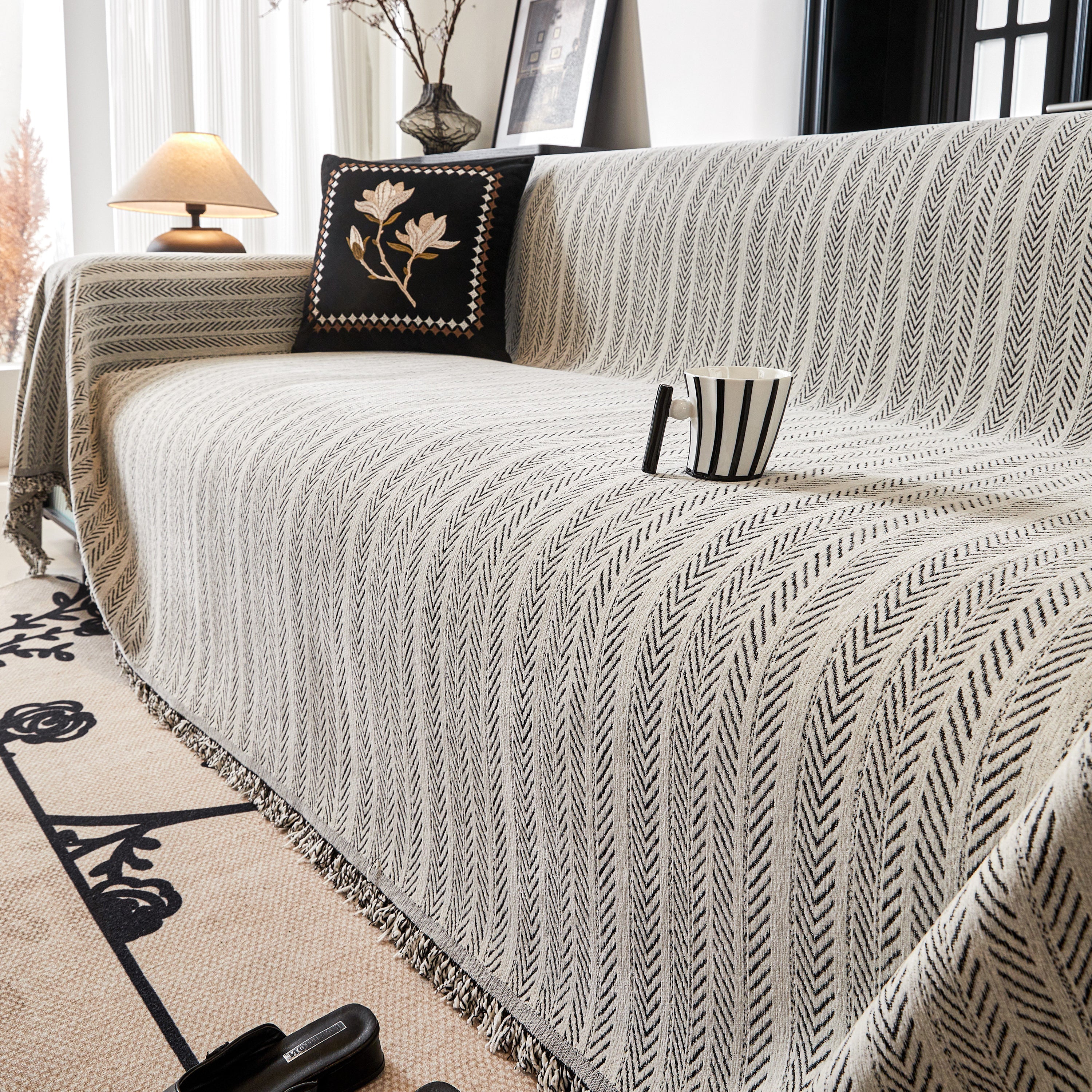 Herringbone Chenille Couch Cover Blanket Soft Durable Throw Sofa Protector With Tassel