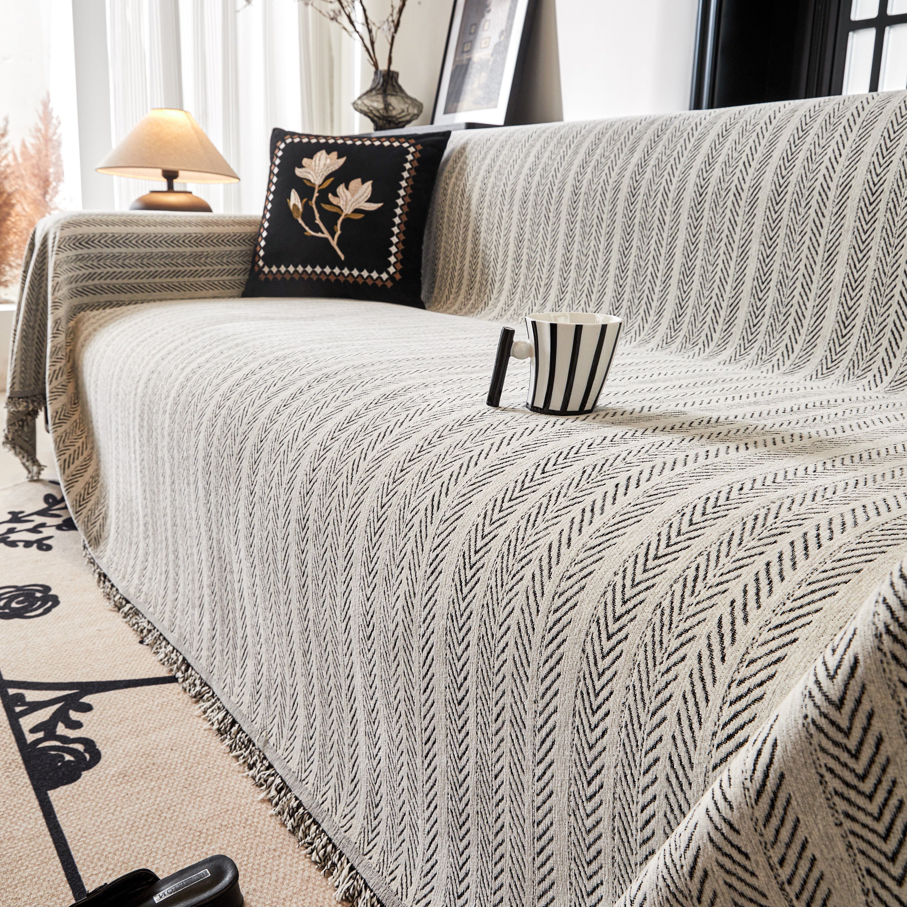Herringbone Chenille Couch Cover Blanket Soft Durable Throw Sofa Protector With Tassel