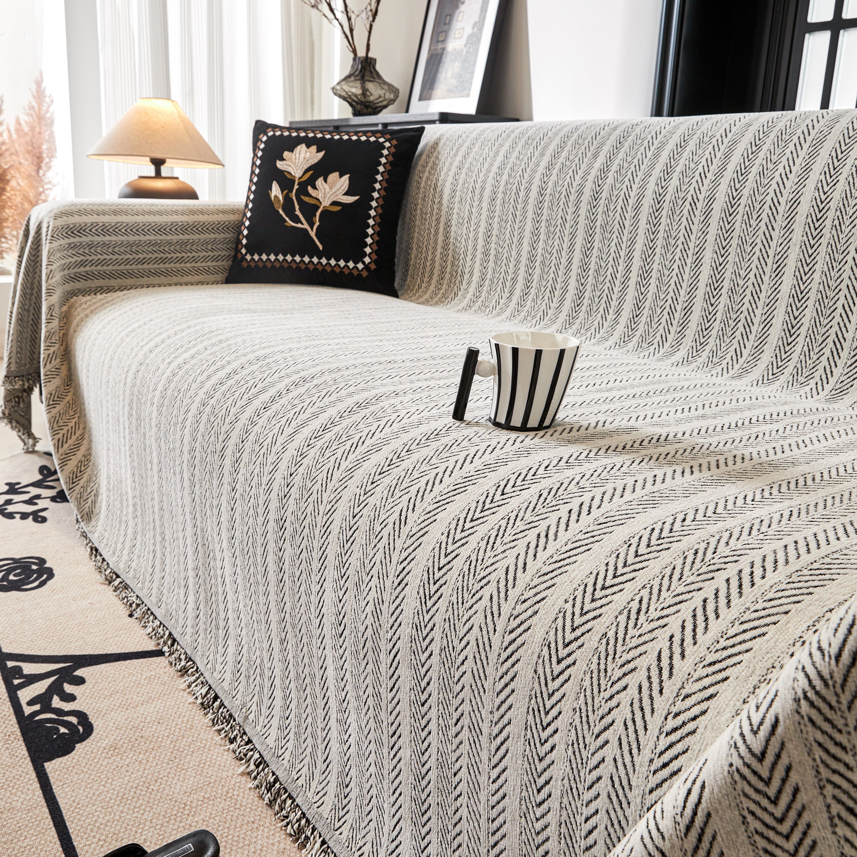 Herringbone Chenille Couch Cover Blanket Soft Durable Throw Sofa Protector With Tassel