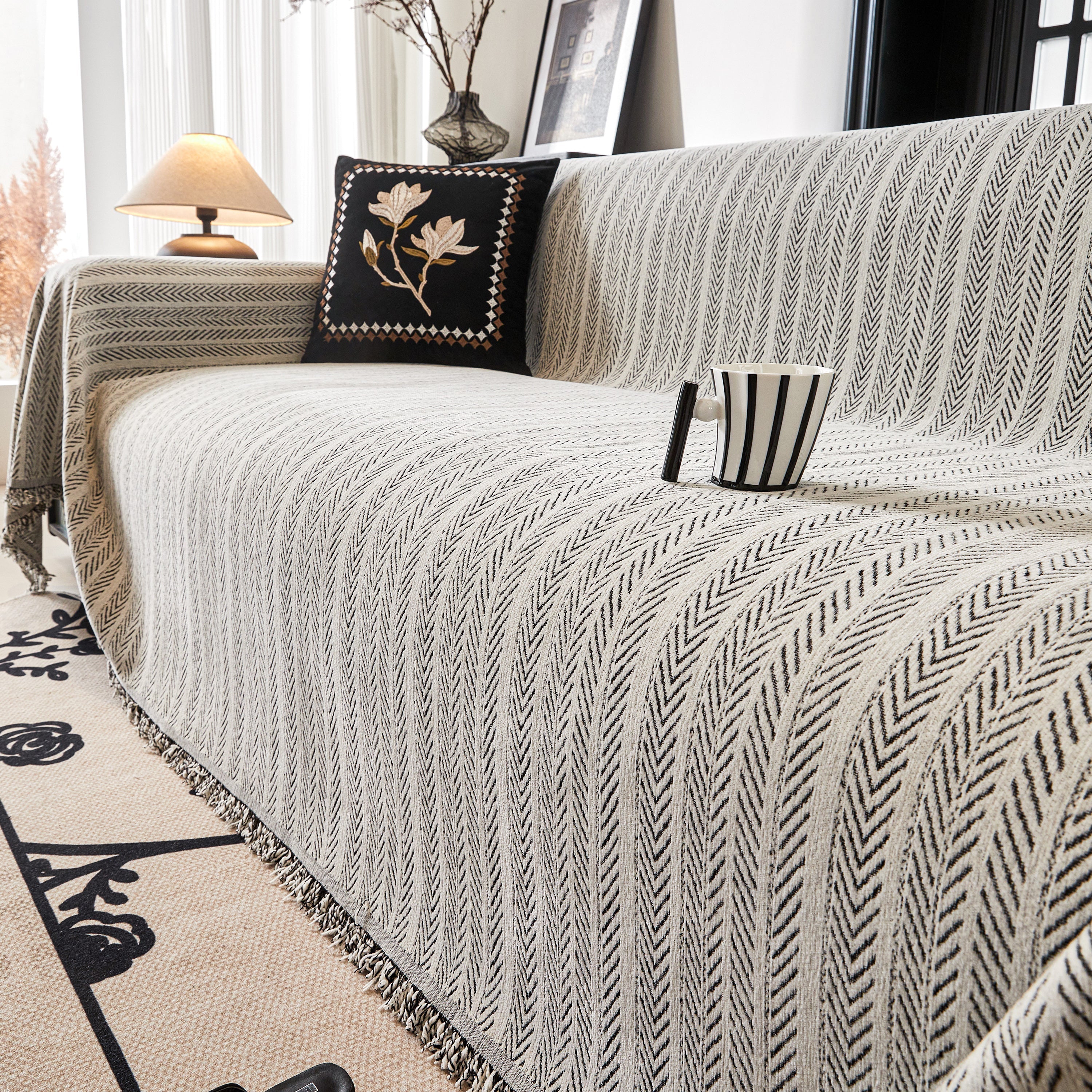 Herringbone Chenille Couch Cover Blanket Soft Durable Throw Sofa Protector With Tassel