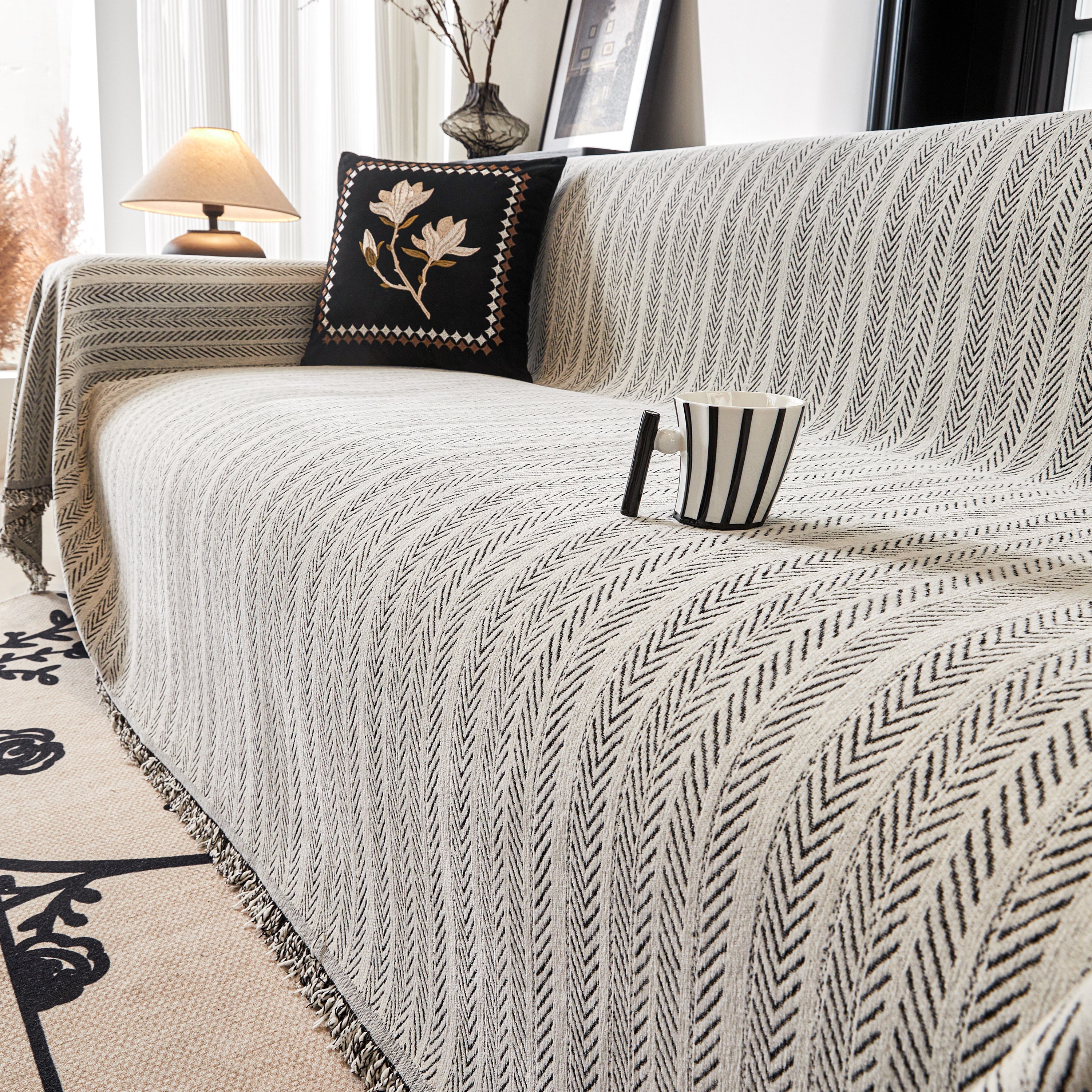 Herringbone Chenille Couch Cover Blanket Soft Durable Throw Sofa Protector With Tassel