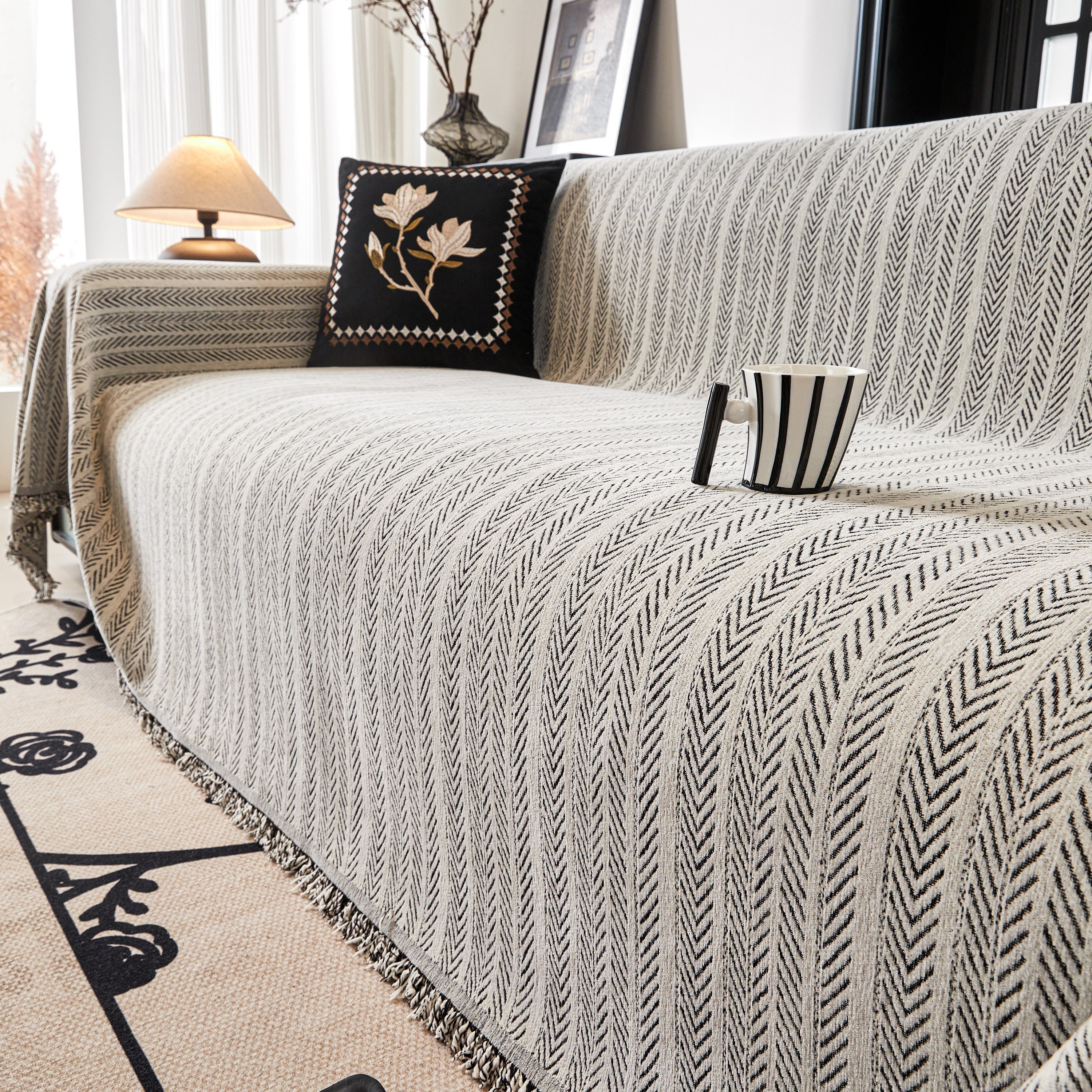 Herringbone Chenille Couch Cover Blanket Soft Durable Throw Sofa Protector With Tassel