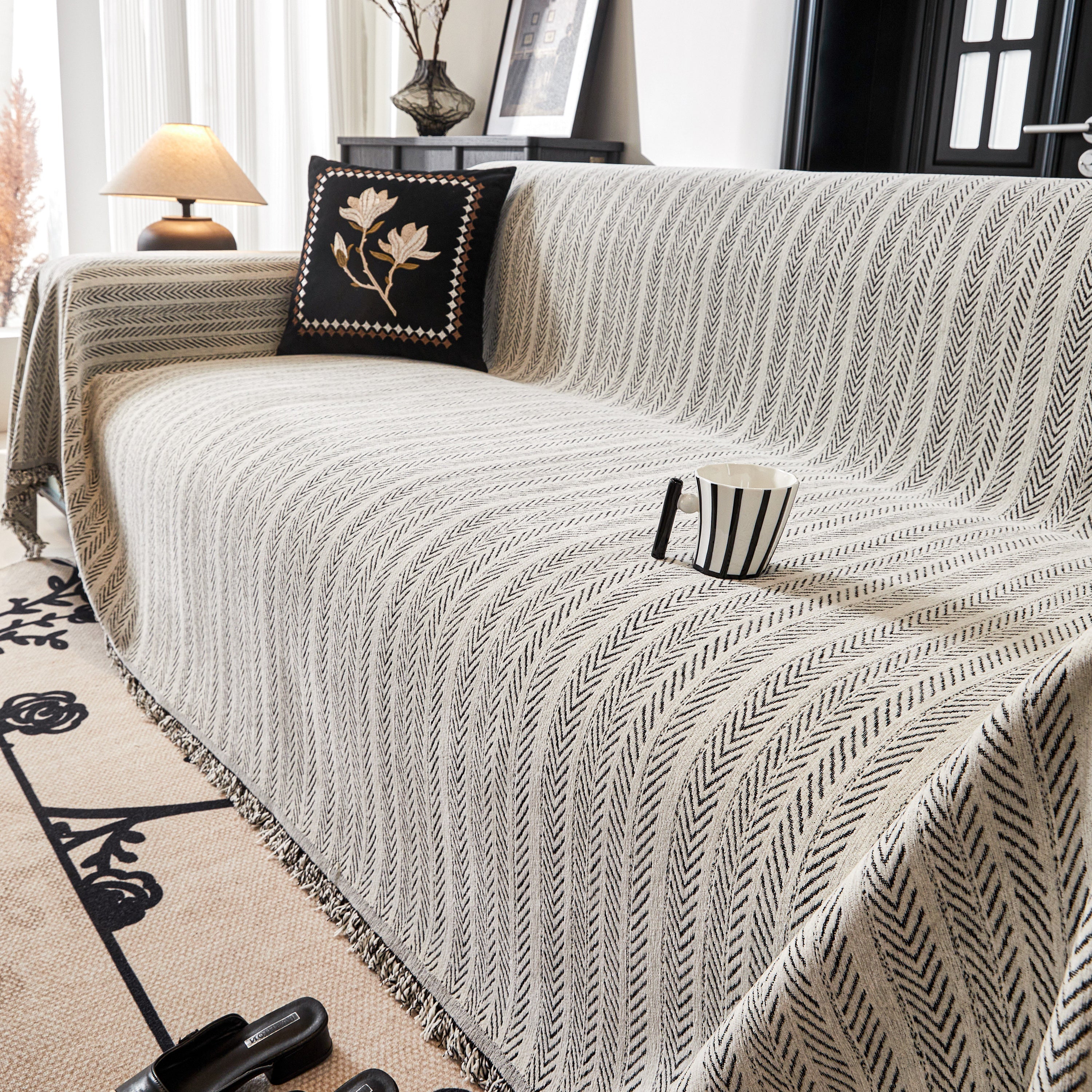 Herringbone Chenille Couch Cover Blanket Soft Durable Throw Sofa Protector With Tassel