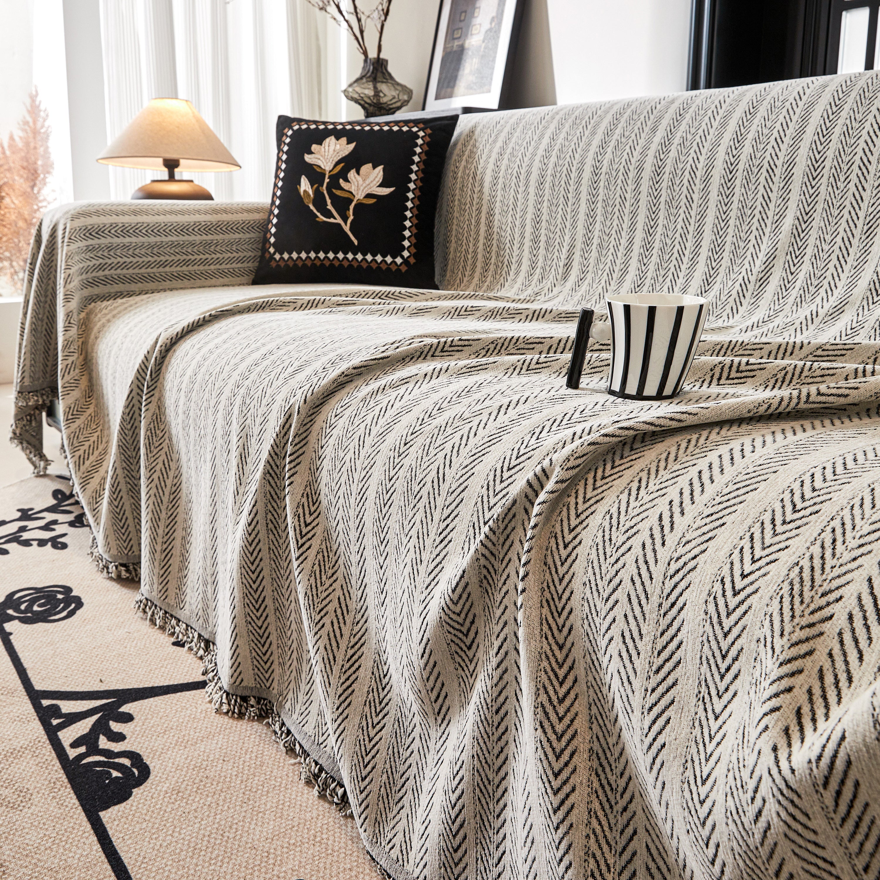 Herringbone Chenille Couch Cover Blanket Soft Durable Throw Sofa Protector With Tassel