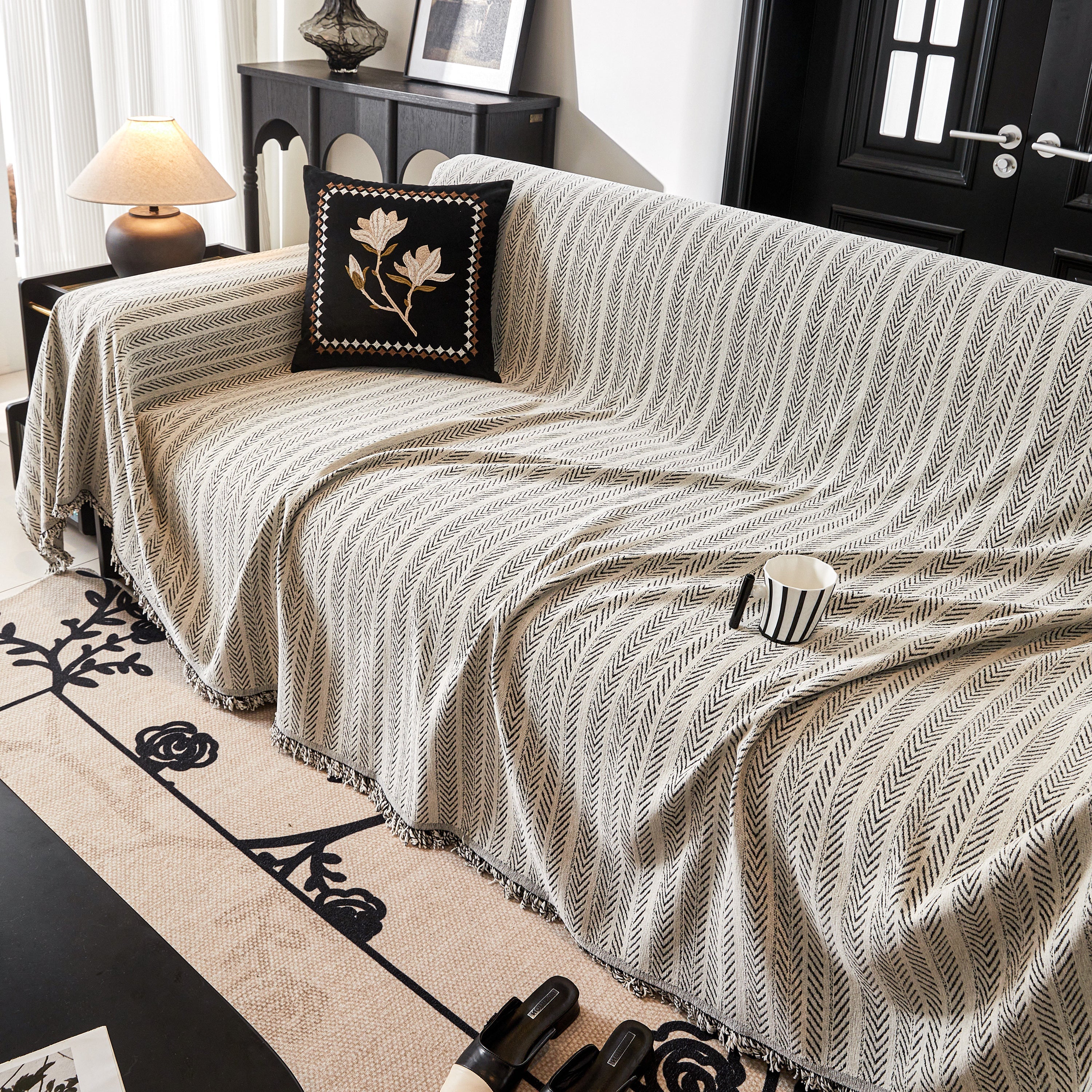 Herringbone Chenille Couch Cover Blanket Soft Durable Throw Sofa Protector With Tassel