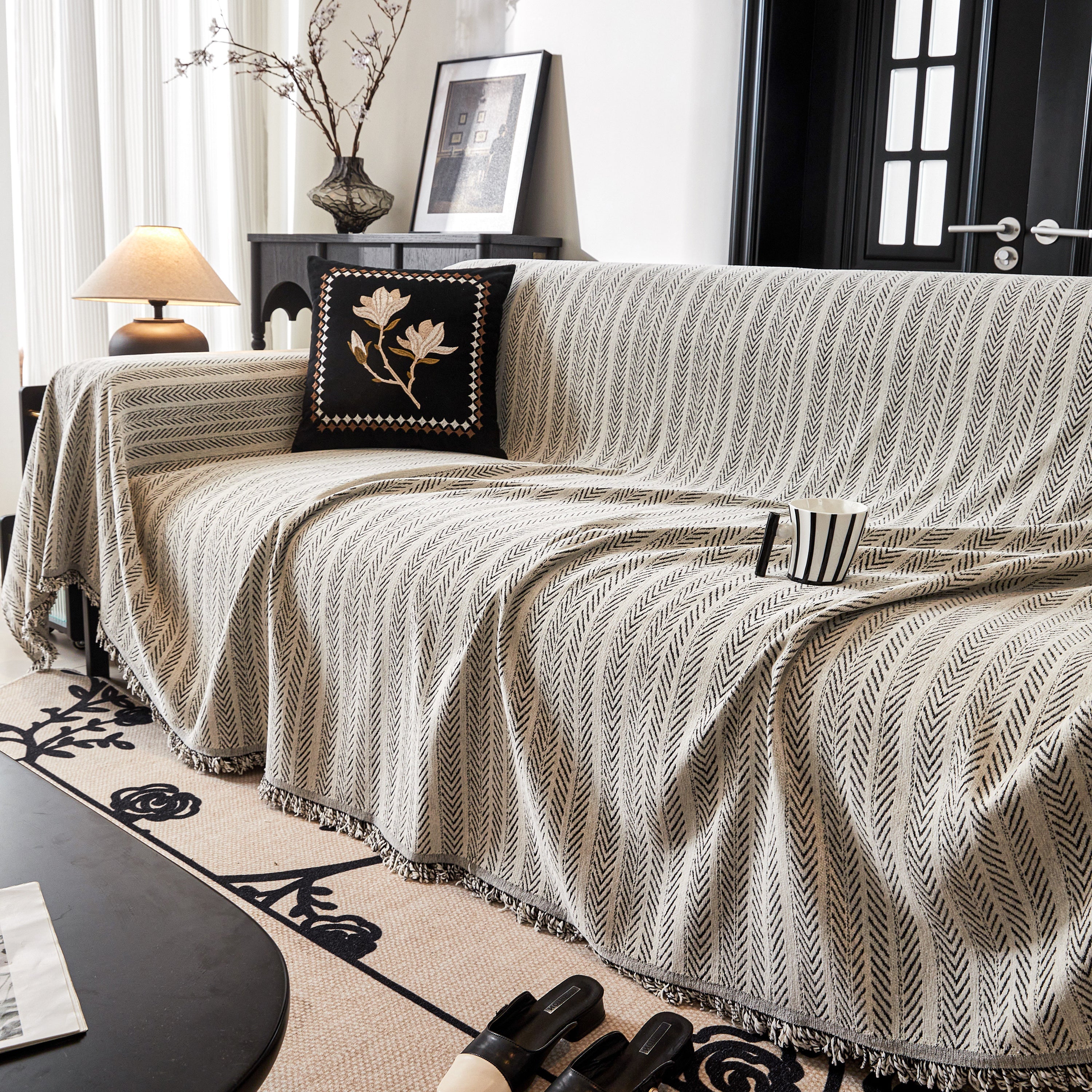 Herringbone Chenille Couch Cover Blanket Soft Durable Throw Sofa Protector With Tassel