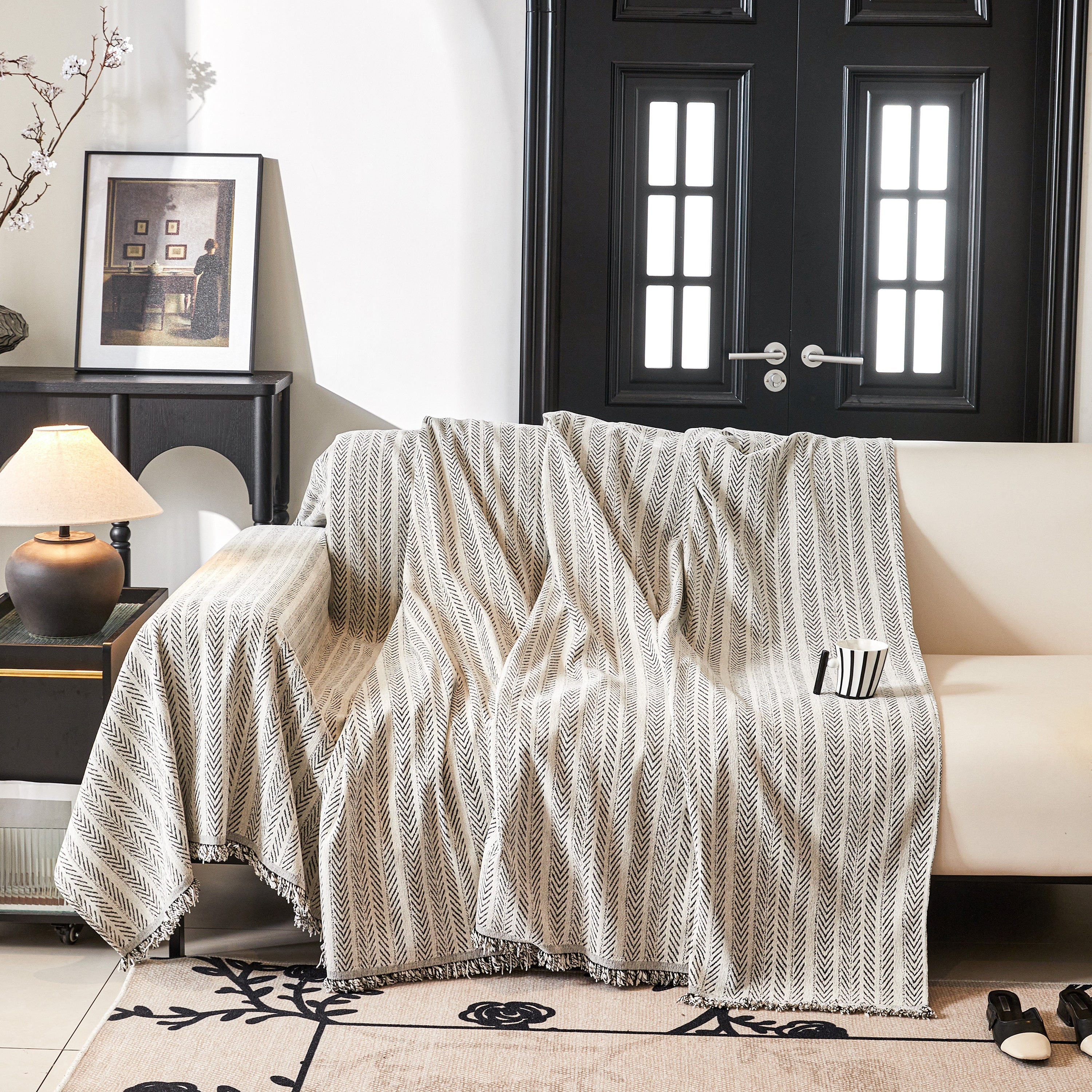Herringbone Chenille Couch Cover Blanket Soft Durable Throw Sofa Protector With Tassel