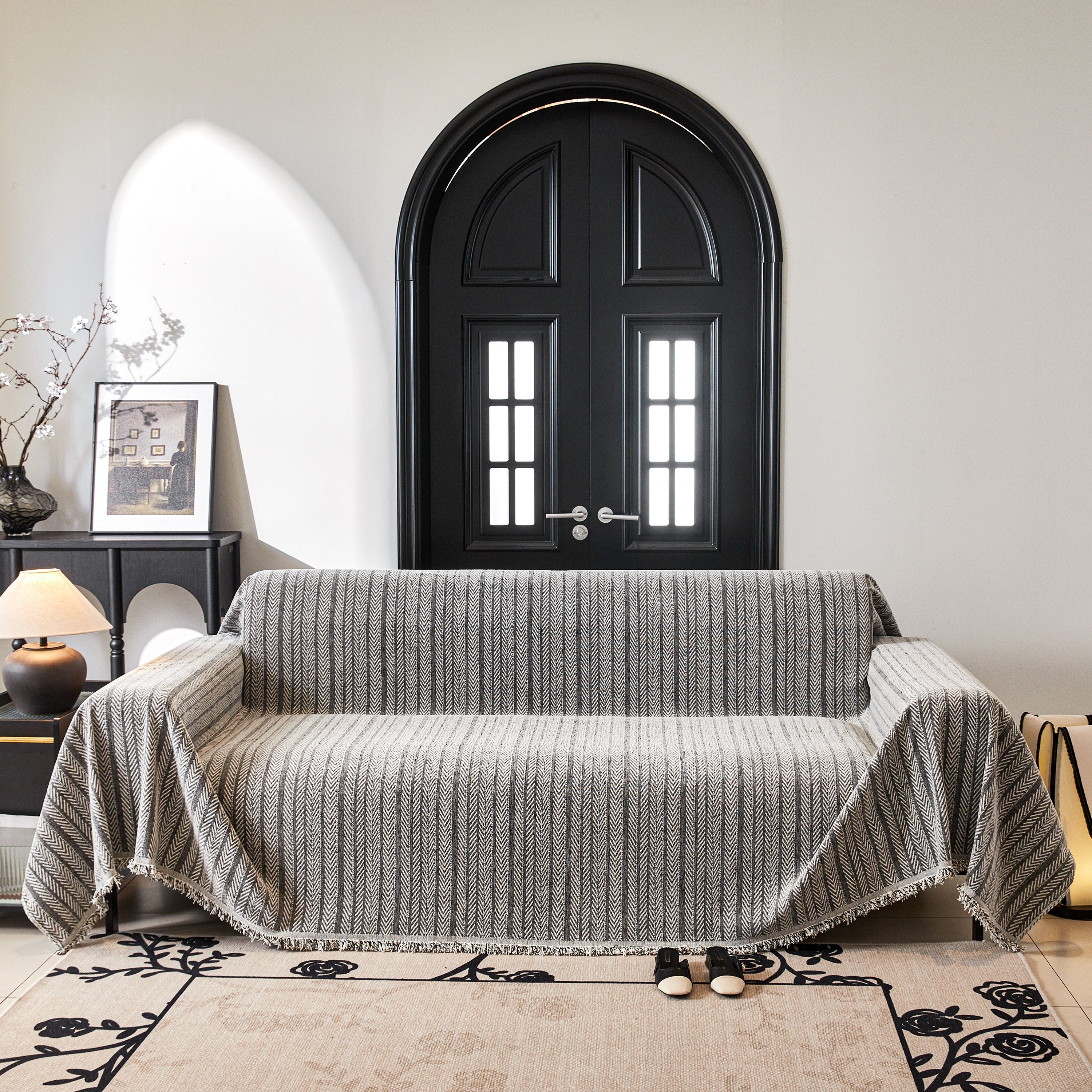 Herringbone Chenille Couch Cover Blanket Soft Durable Throw Sofa Protector With Tassel