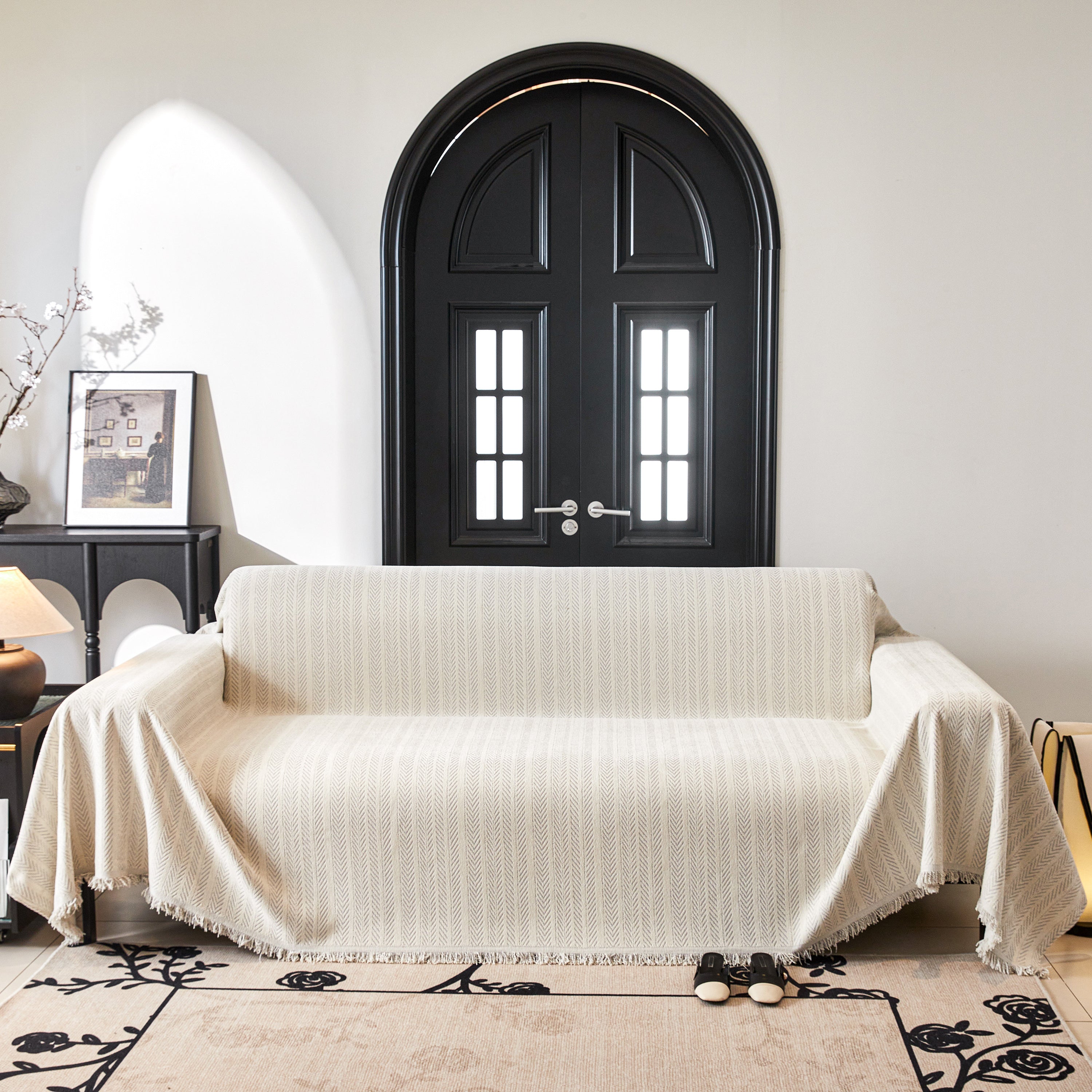 Herringbone Chenille Couch Cover Blanket Soft Durable Throw Sofa Protector With Tassel
