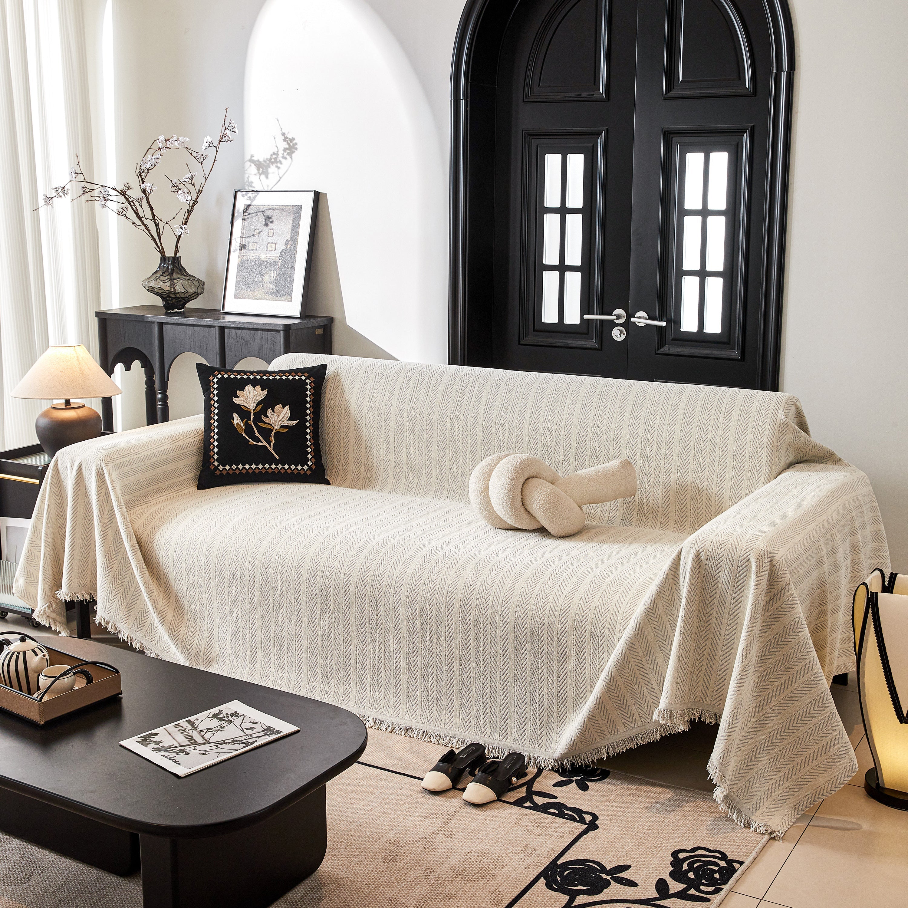 Herringbone Chenille Couch Cover Blanket Soft Durable Throw Sofa Protector With Tassel