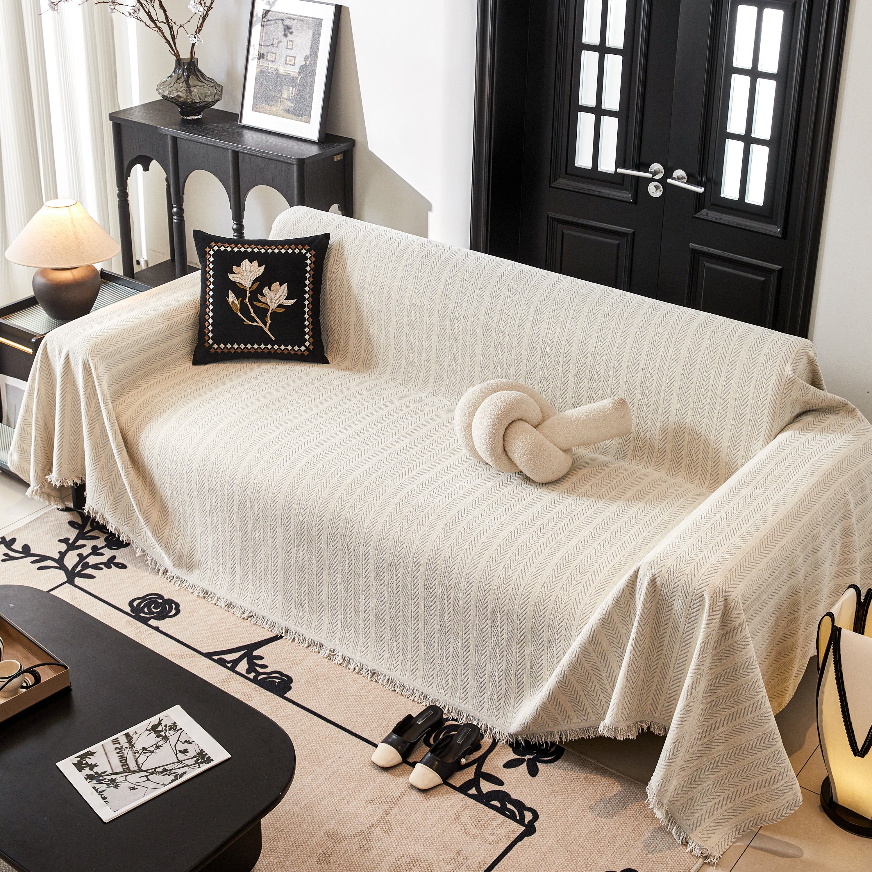 Herringbone Chenille Couch Cover Blanket Soft Durable Throw Sofa Protector With Tassel