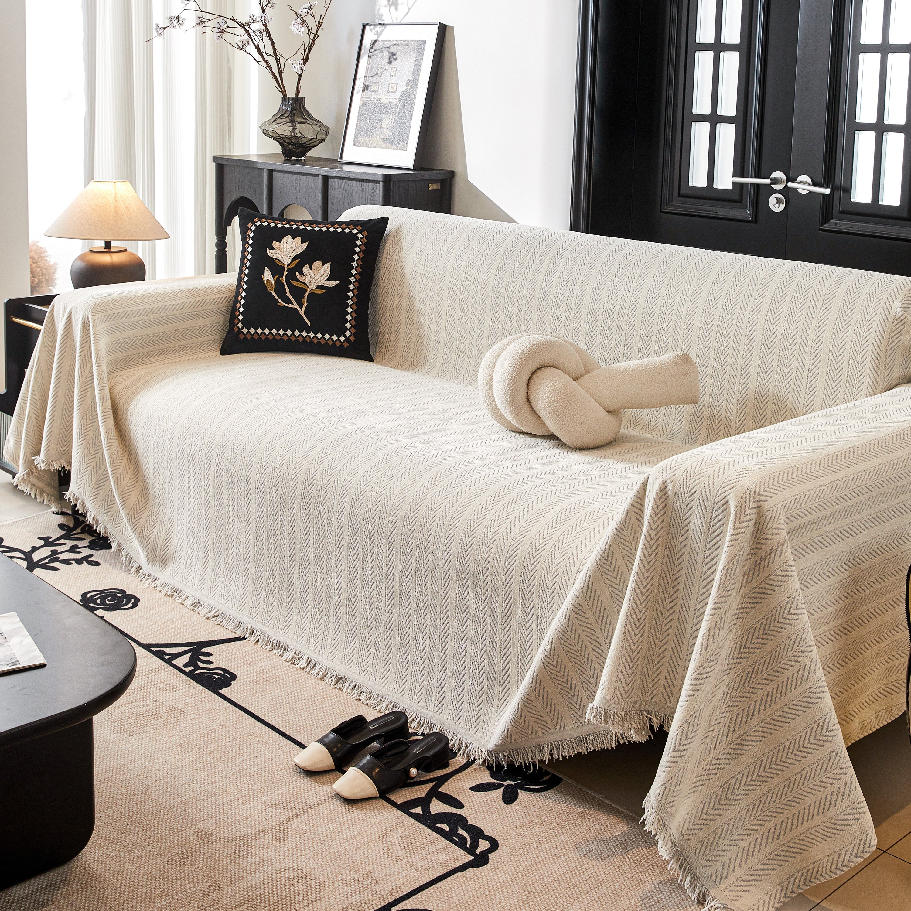Herringbone Chenille Couch Cover Blanket Soft Durable Throw Sofa Protector With Tassel