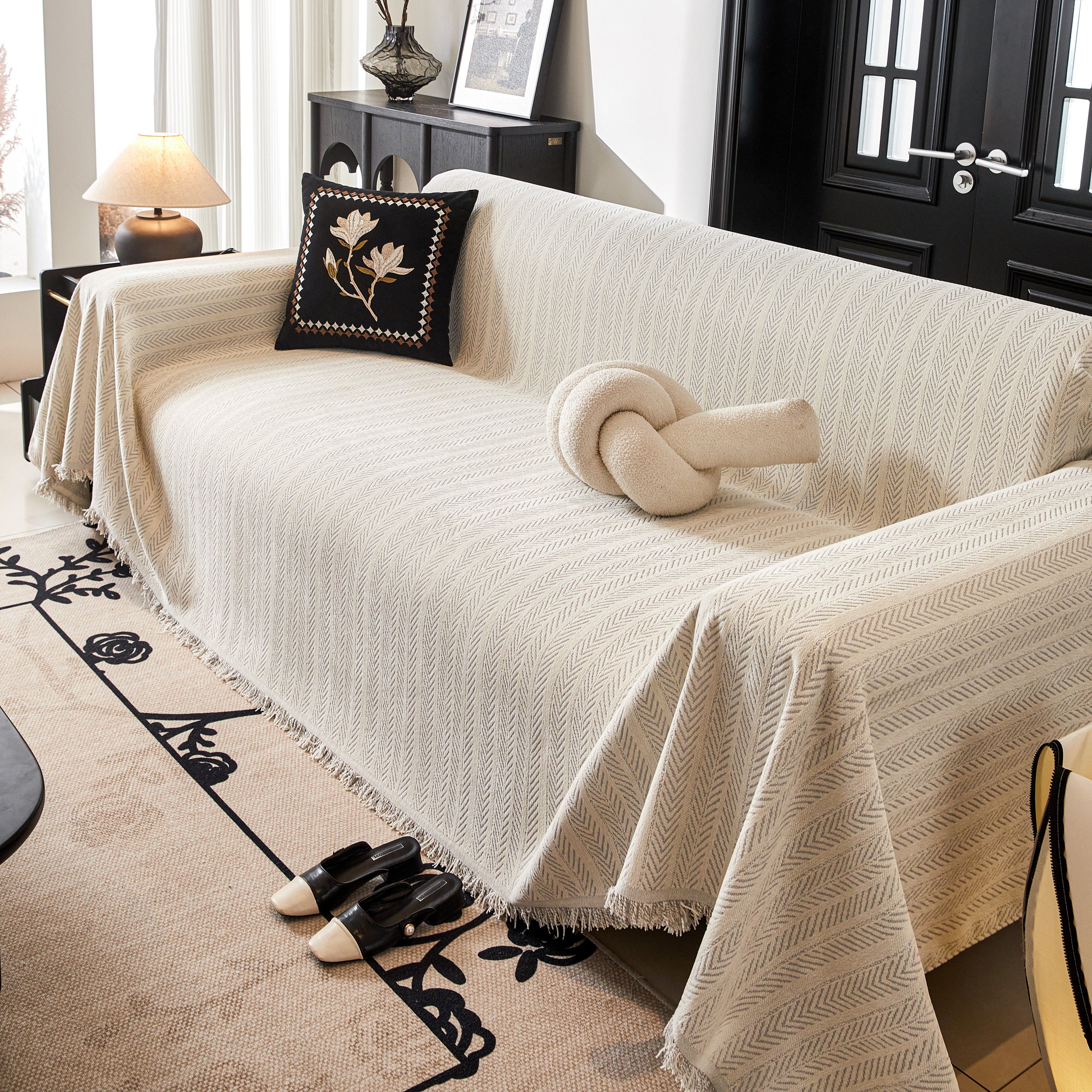 Herringbone Chenille Couch Cover Blanket Soft Durable Throw Sofa Protector With Tassel
