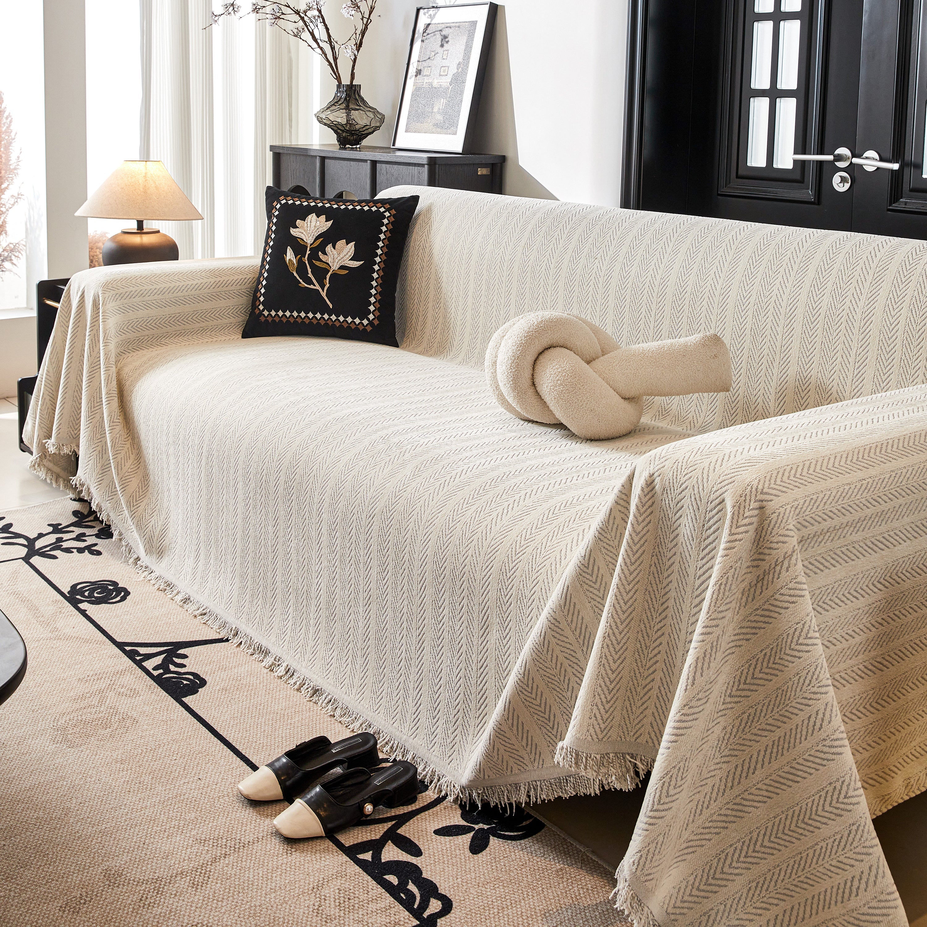 Herringbone Chenille Couch Cover Blanket Soft Durable Throw Sofa Protector With Tassel