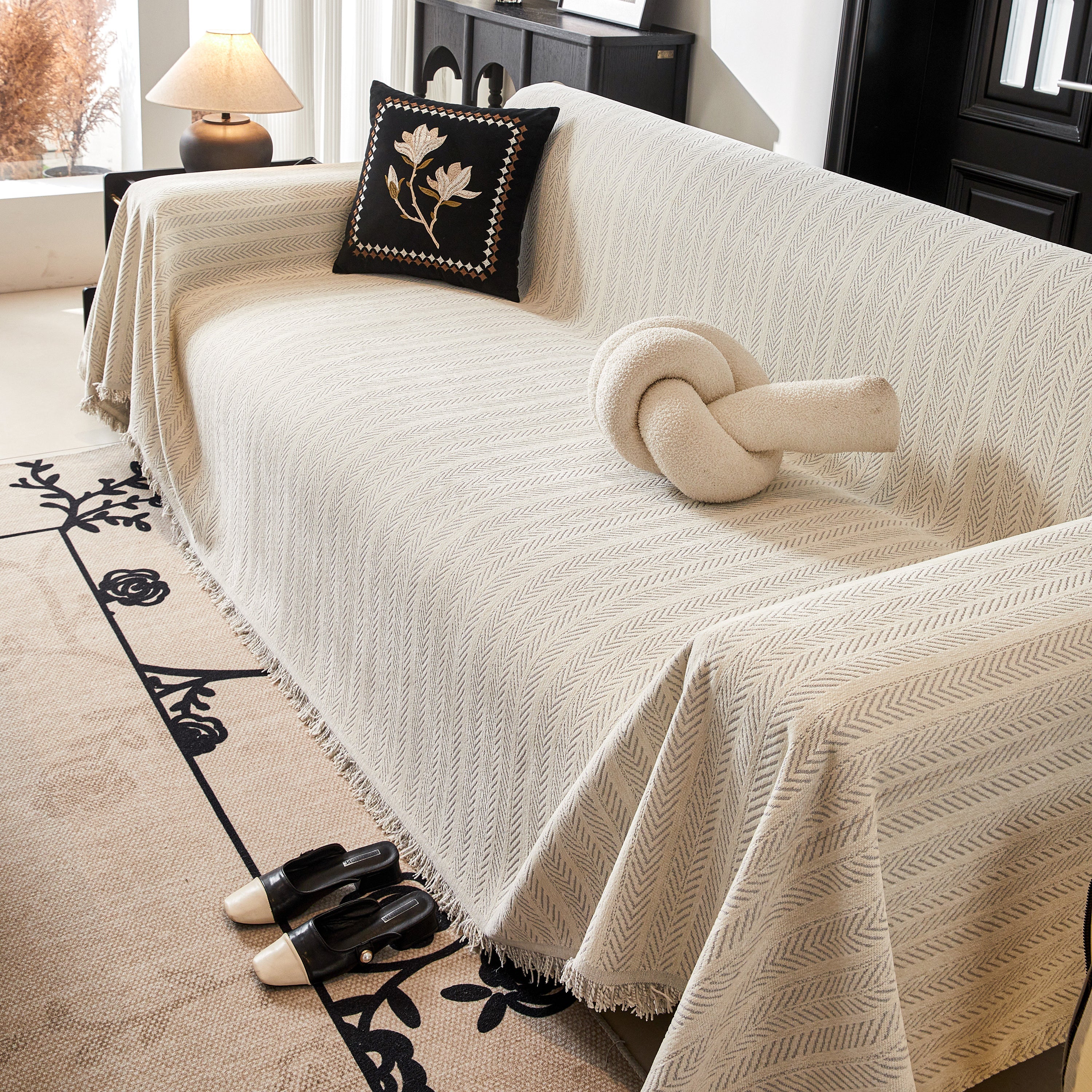 Herringbone Chenille Couch Cover Blanket Soft Durable Throw Sofa Protector With Tassel