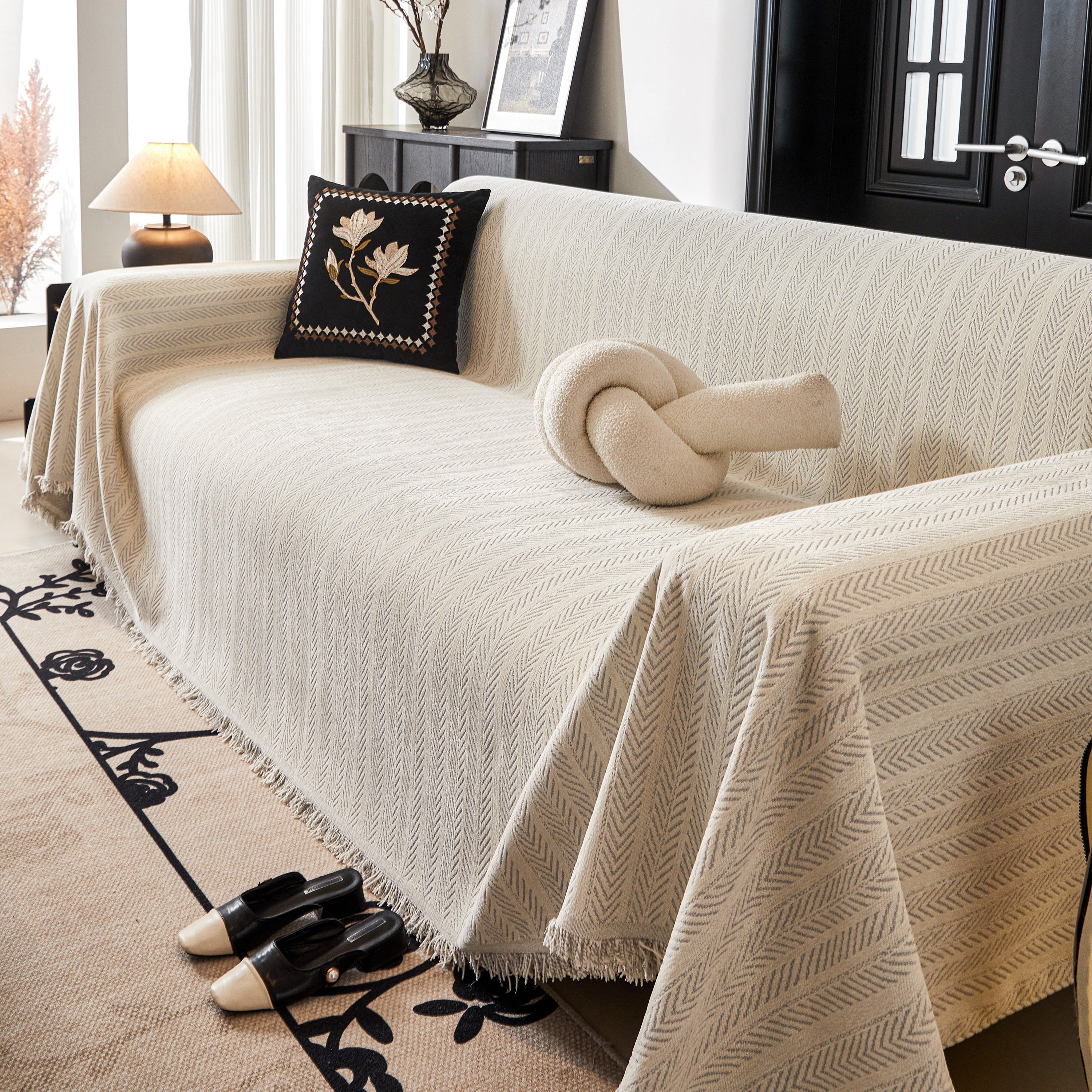 Herringbone Chenille Couch Cover Blanket Soft Durable Throw Sofa Protector With Tassel