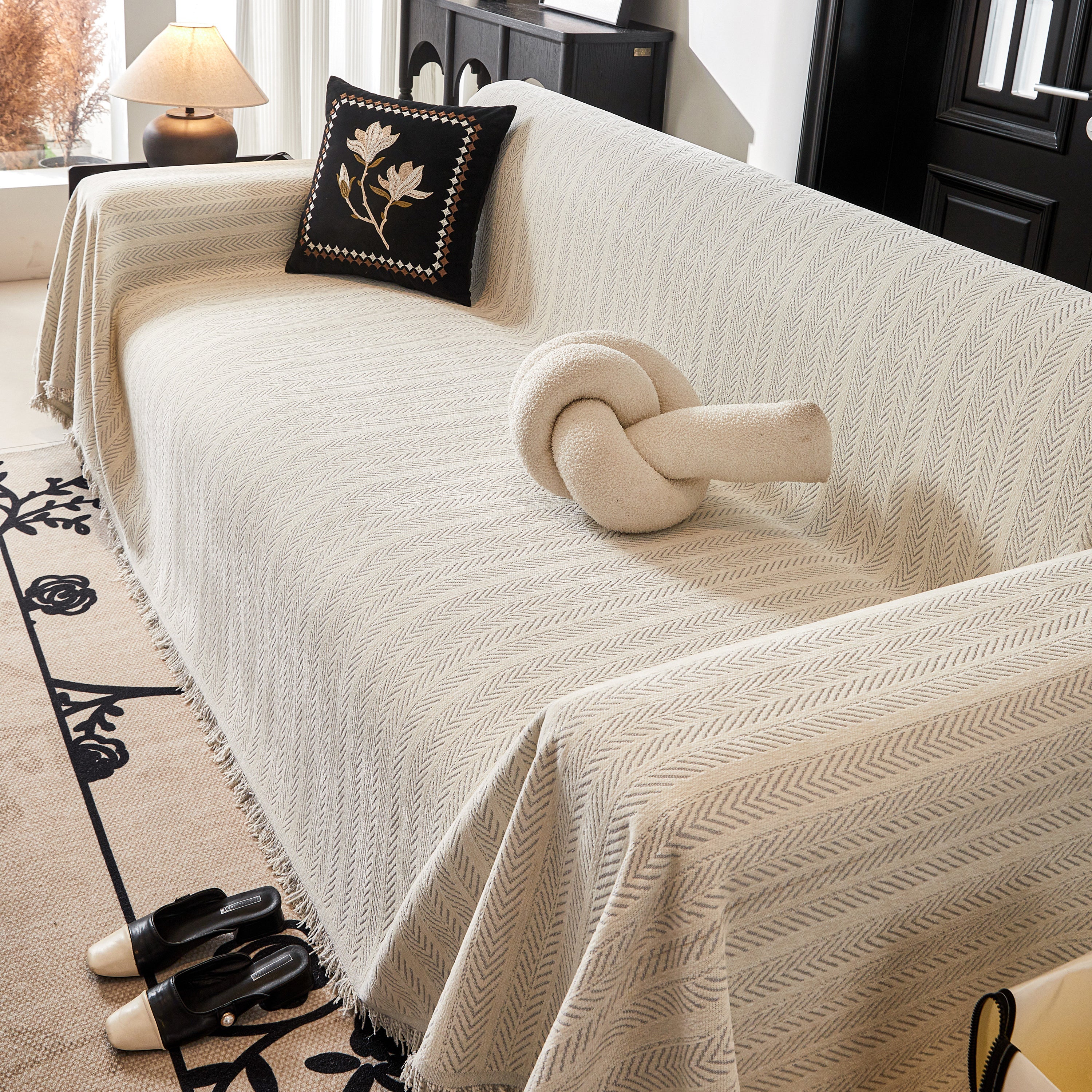 Herringbone Chenille Couch Cover Blanket Soft Durable Throw Sofa Protector With Tassel