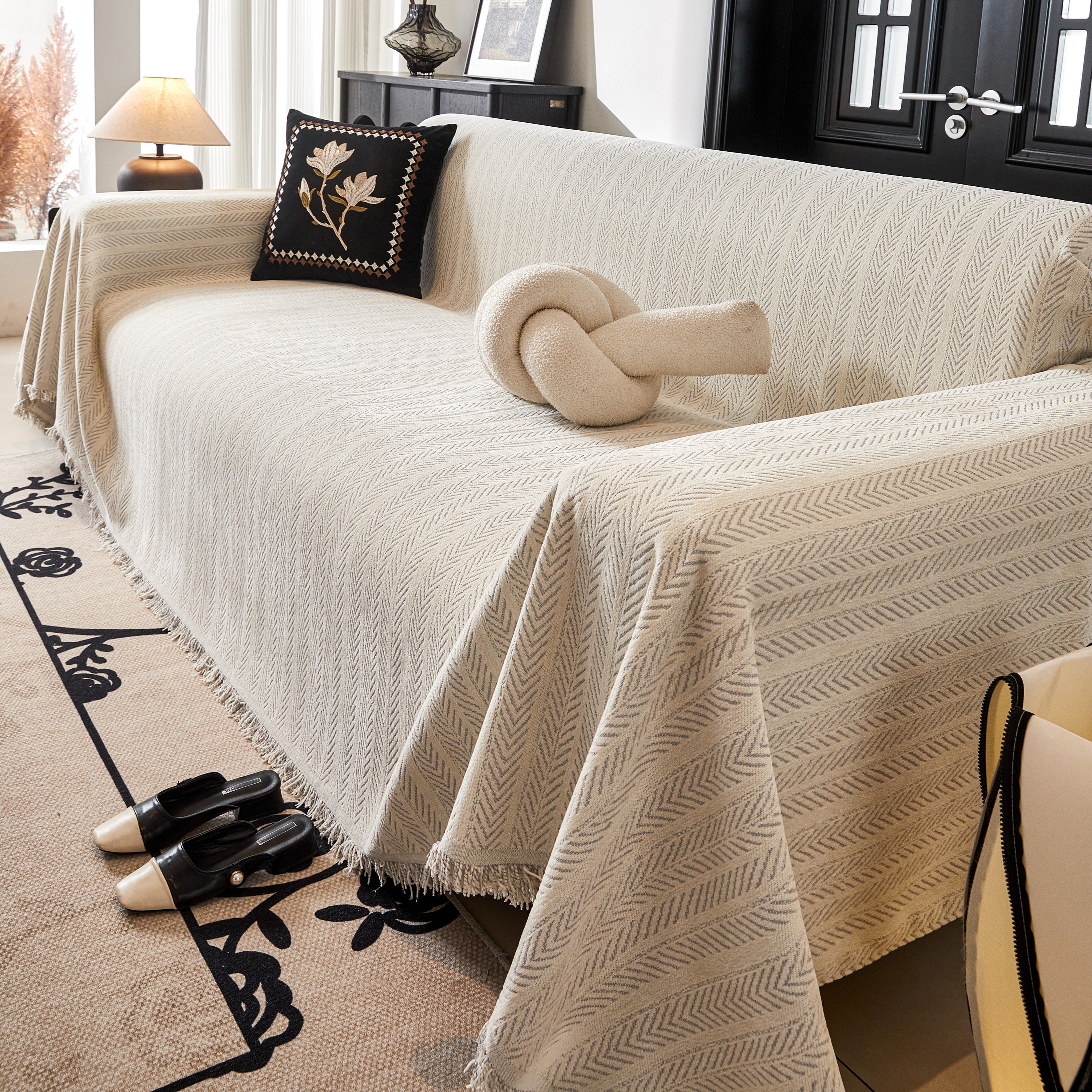 Herringbone Chenille Couch Cover Blanket Soft Durable Throw Sofa Protector With Tassel
