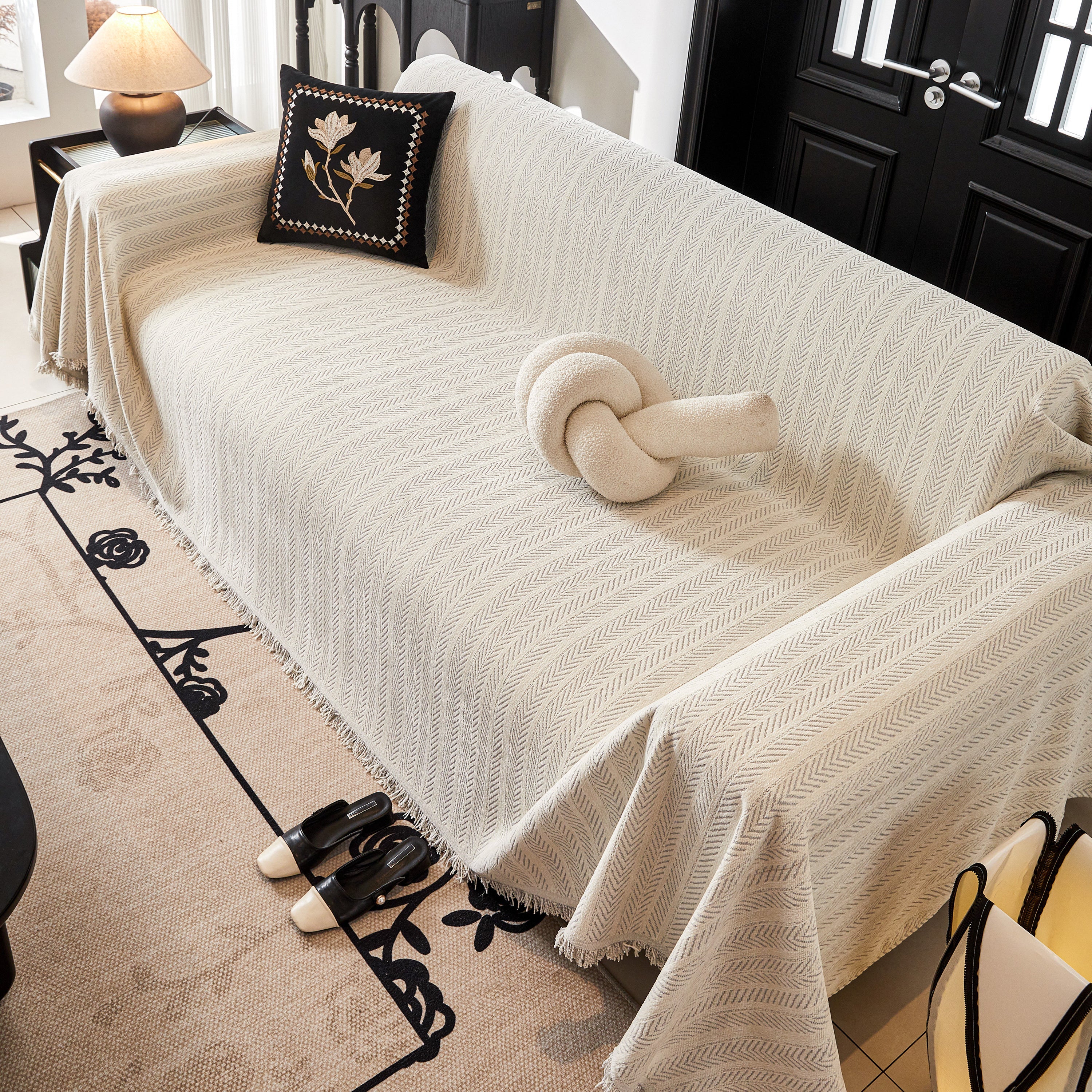 Herringbone Chenille Couch Cover Blanket Soft Durable Throw Sofa Protector With Tassel