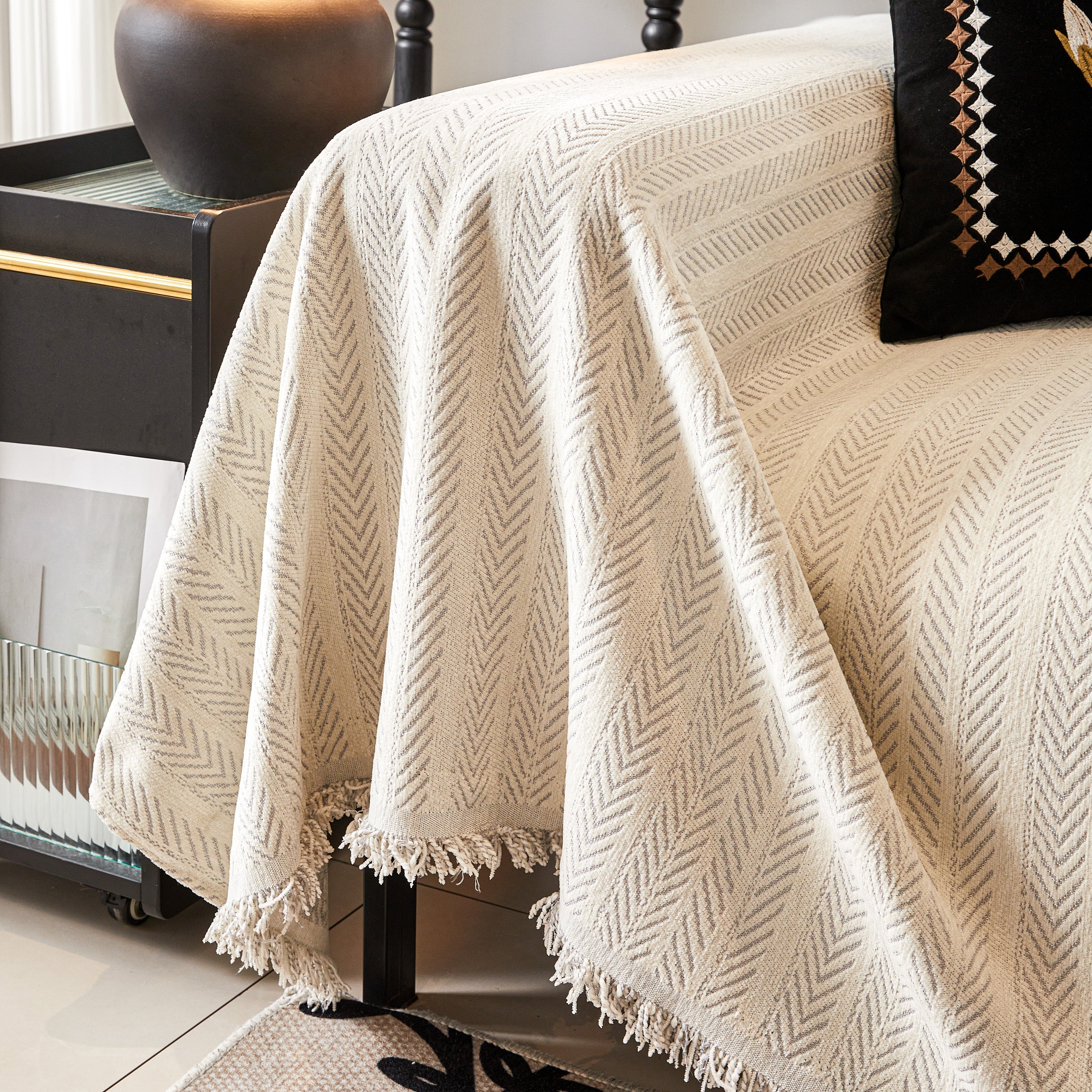 Herringbone Chenille Couch Cover Blanket Soft Durable Throw Sofa Protector With Tassel