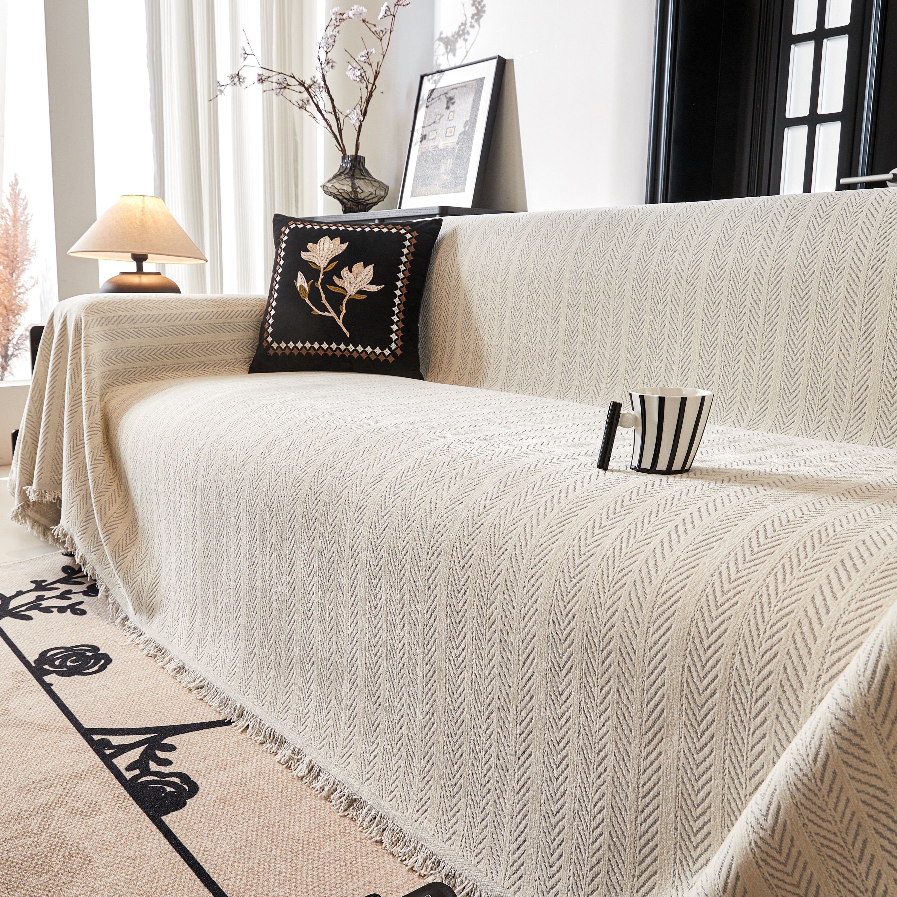Herringbone Chenille Couch Cover Blanket Soft Durable Throw Sofa Protector With Tassel